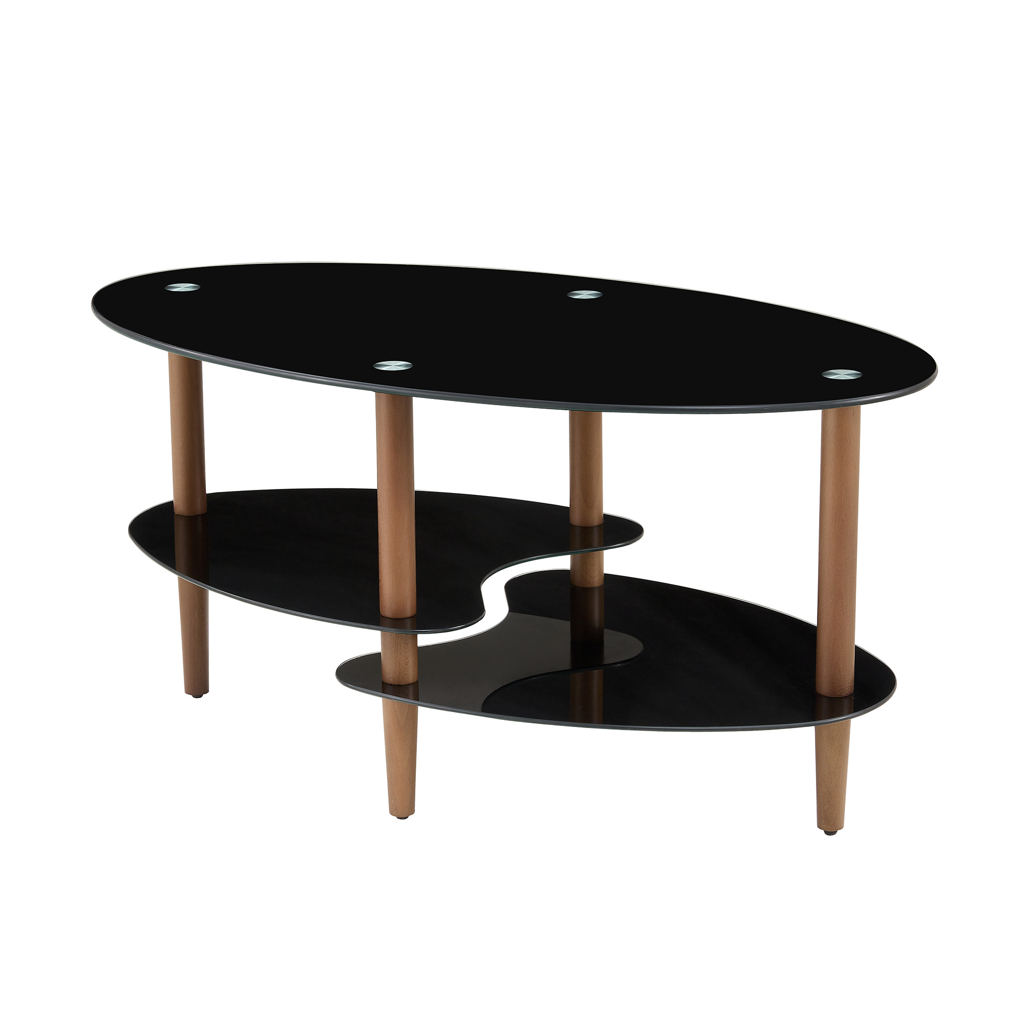 Black Oval glass coffee table, modern table in living room Oak wood leg tea table 3-layer  tempered glass table