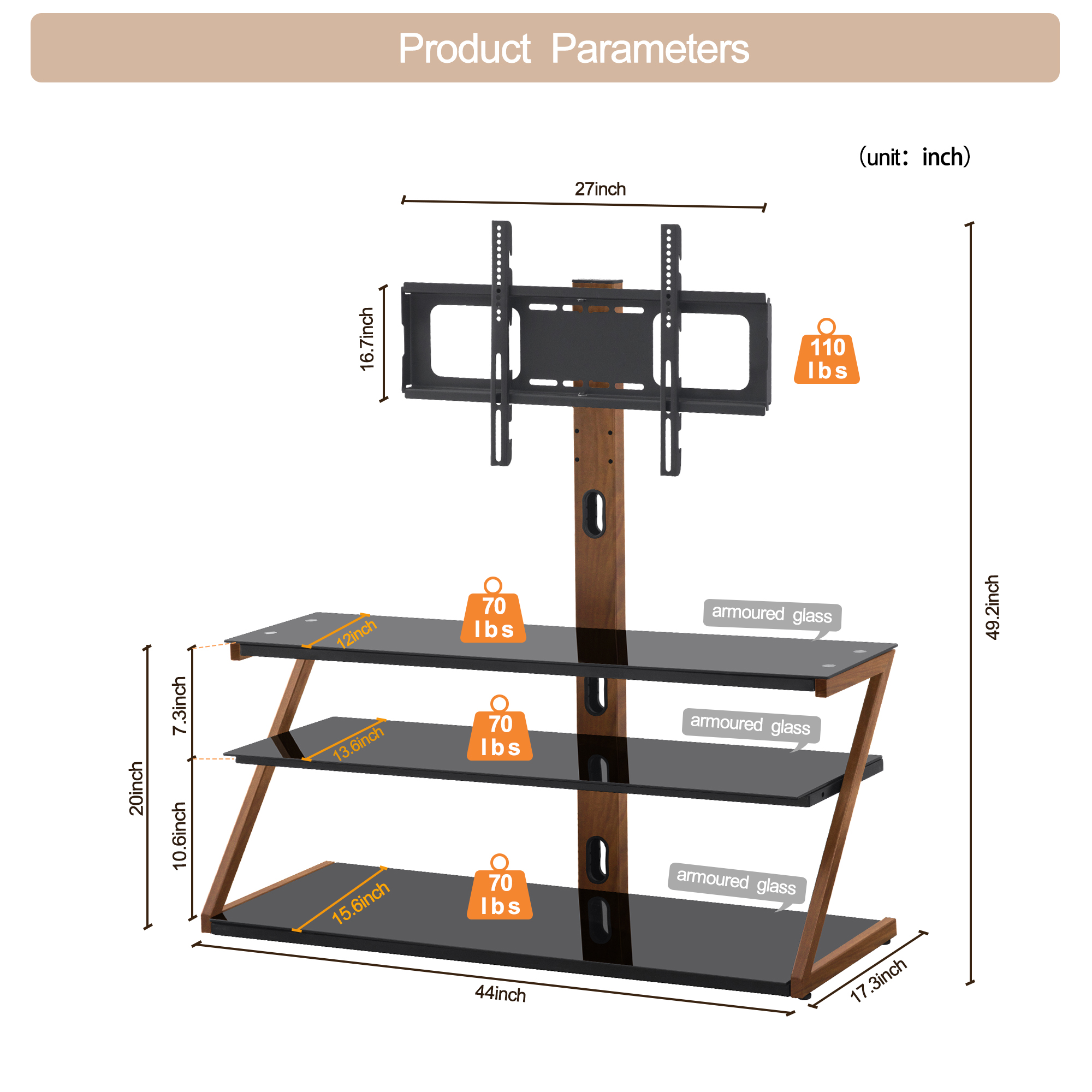 Tempered Glass Height Adjustable Universal Swivel Glass Floor Media Storage Stand With Mount Heat-Transferred Printing Metal Tube, Walnut/Black