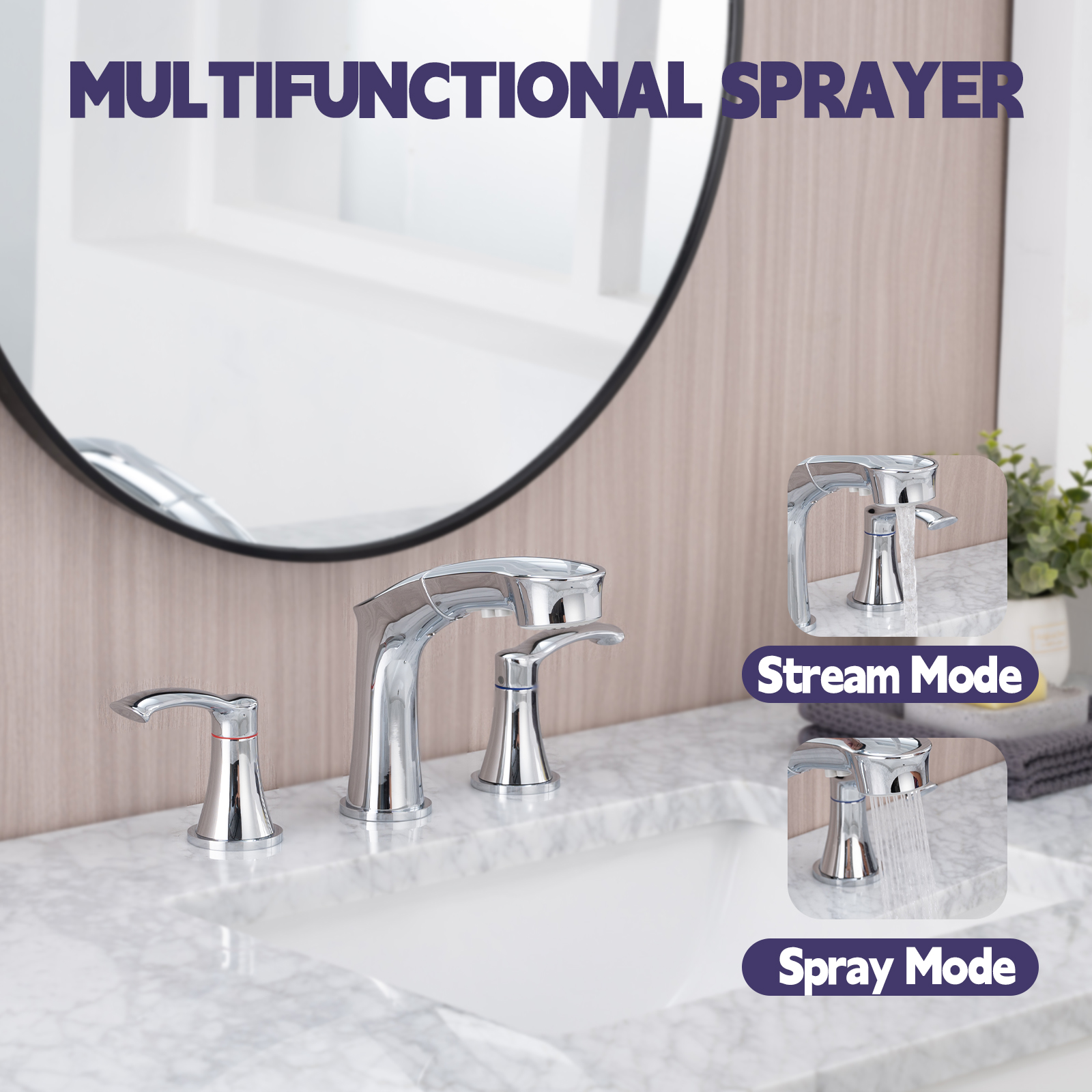 Widespread Pull Out Sprayer Bathroom Faucet, 2-handle Bathroom Sink Faucet