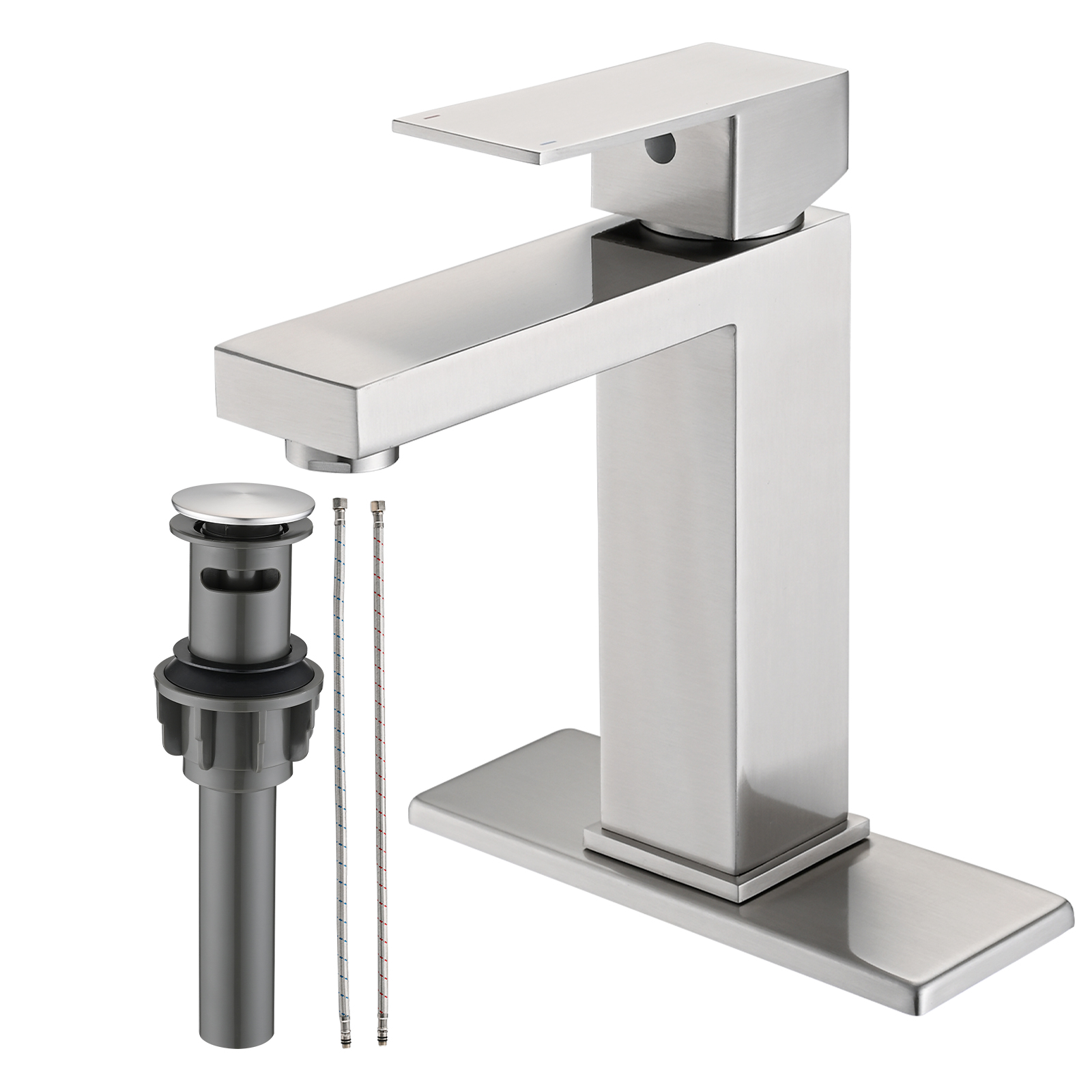 Bathroom Faucet Single Hole, Single Handle Stainless Steel Faucet for Bathroom Sink with Deckplate and Drain Assembly