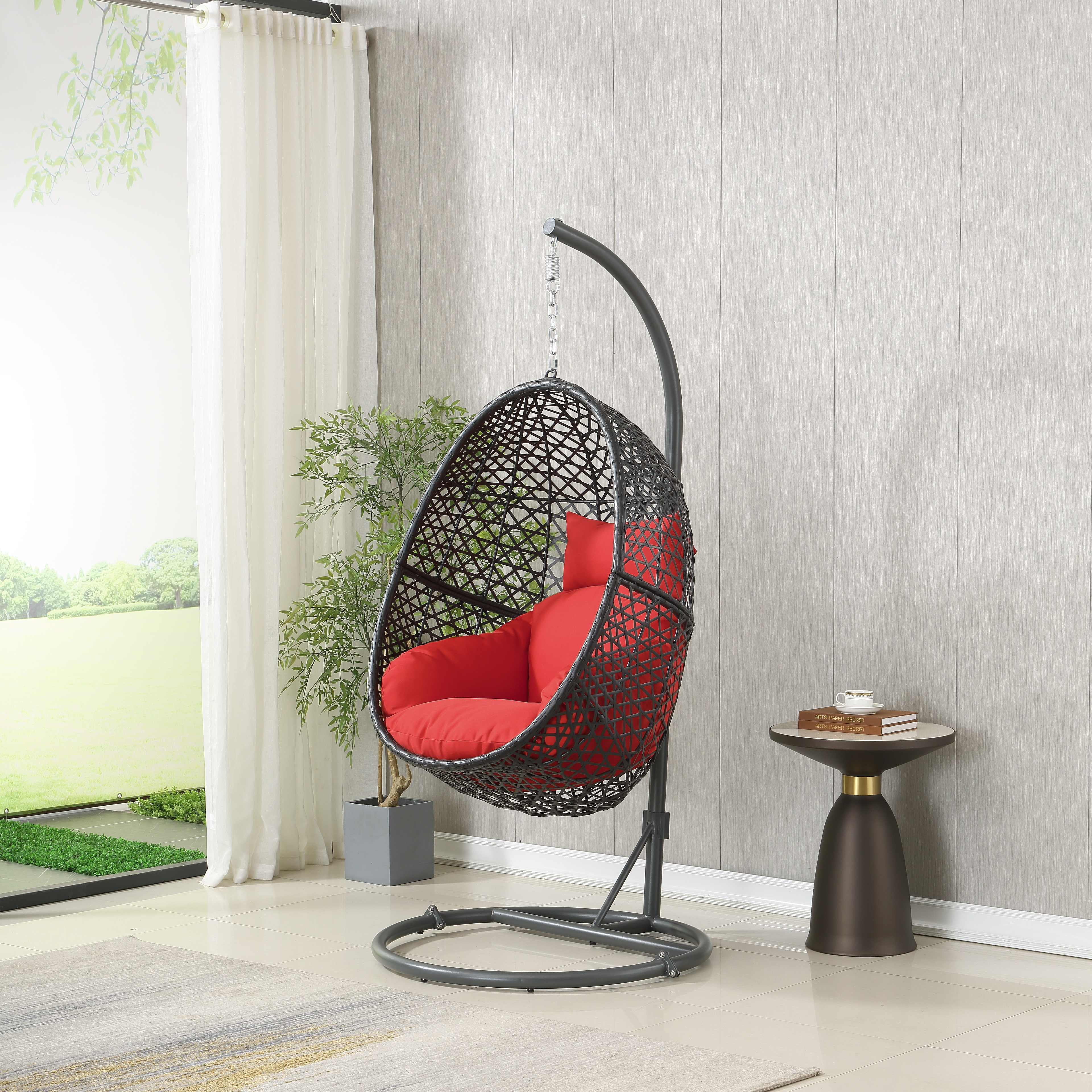 Patio PE Rattan Double Swing Chair With Stand, Two Person Hanging