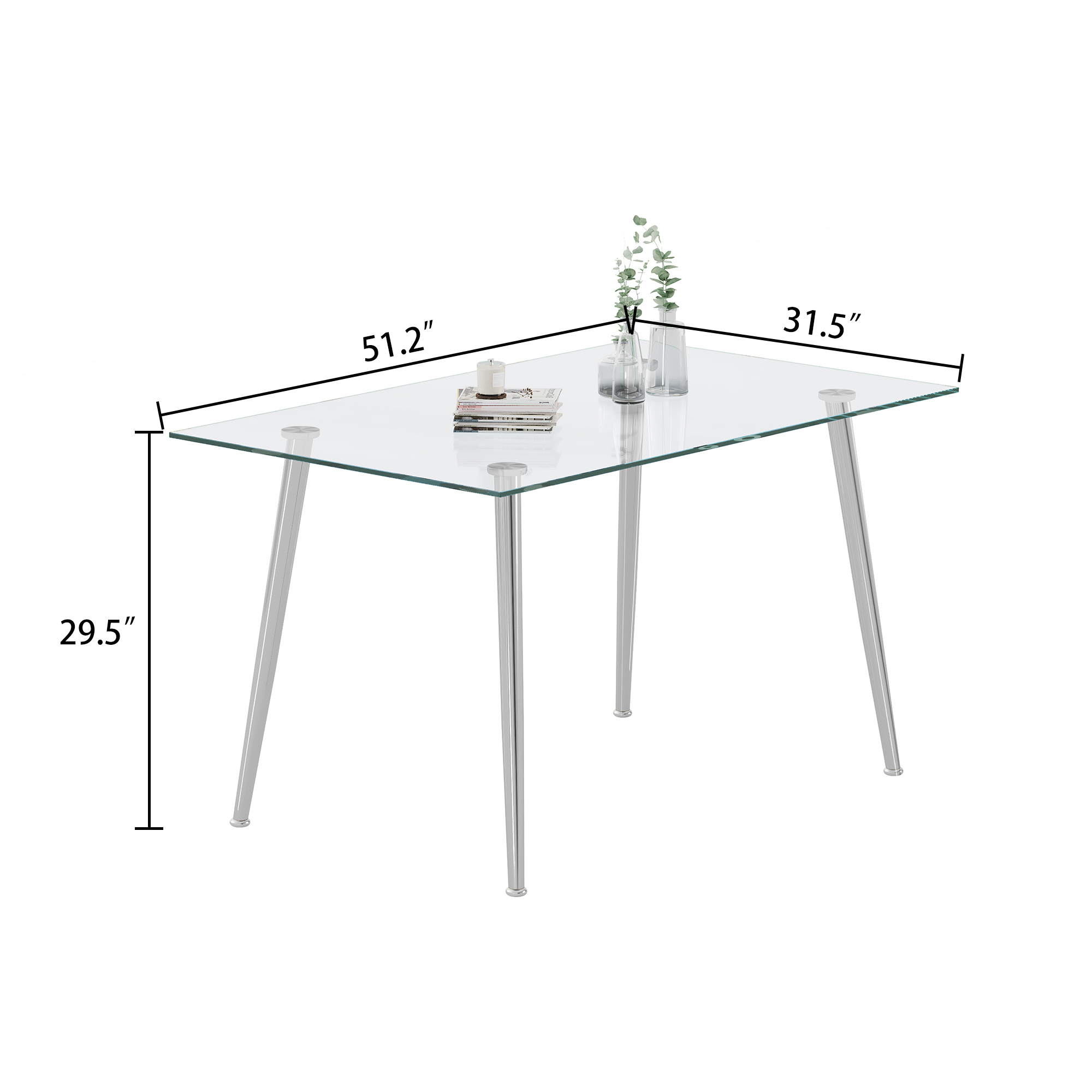 0.32" Thick Tempered Glass Top Dining Table with Silver Stainless Steel Legs