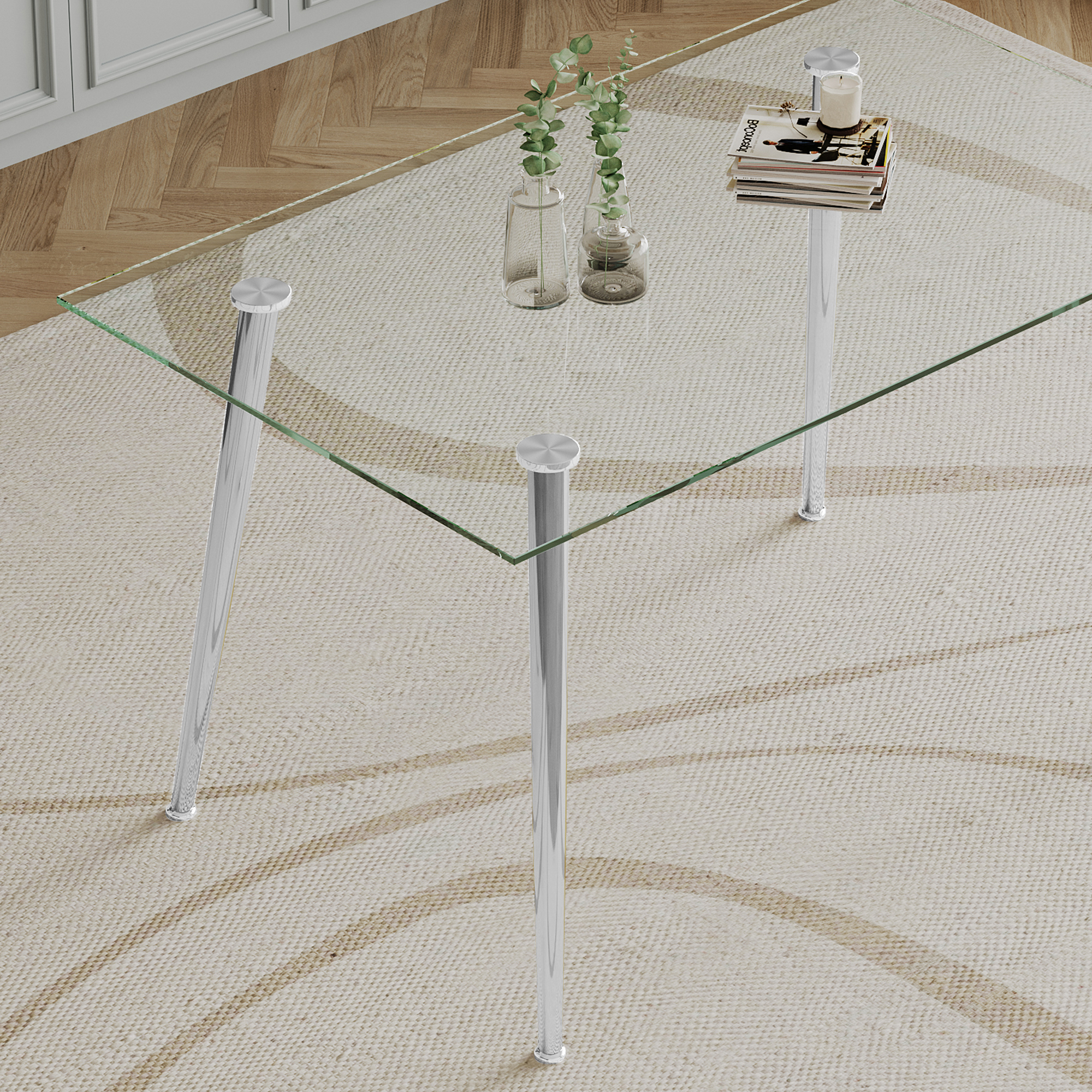 0.32" Thick Tempered Glass Top Dining Table with Silver Stainless Steel Legs