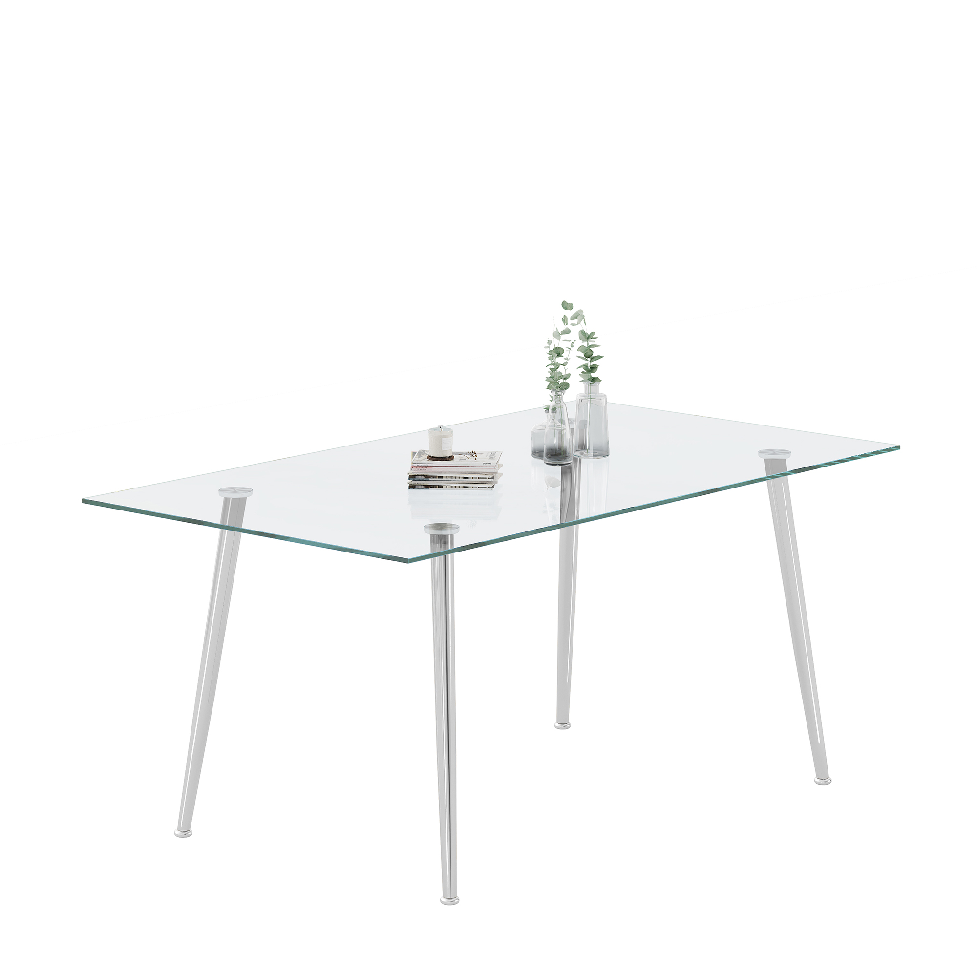 0.32" Thick Tempered Glass Top Dining Table with Silver Stainless Steel Legs