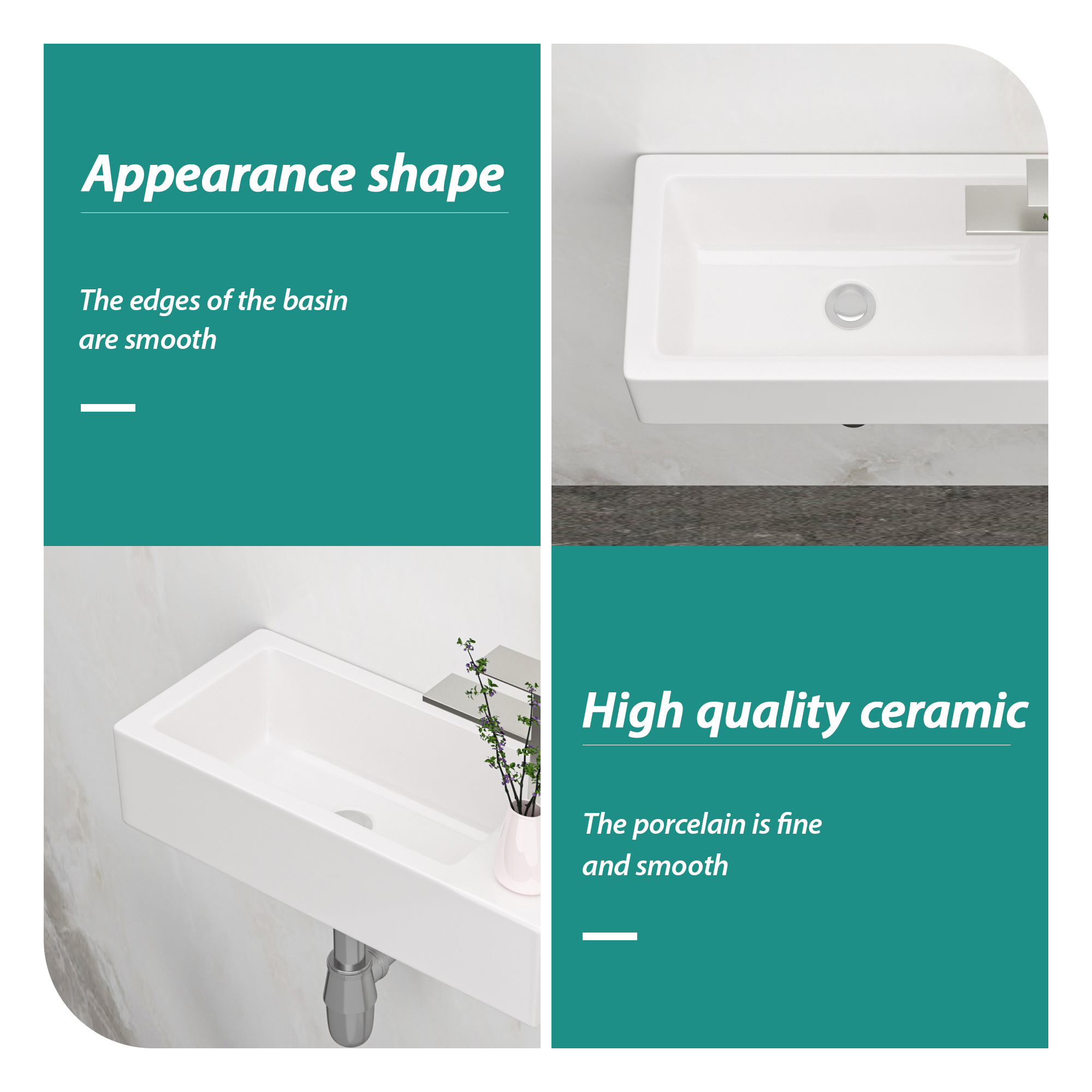 14.57x7.28 Inch White Ceramic Rectangle Wall Mount Bathroom Sink with Single Faucet Hole