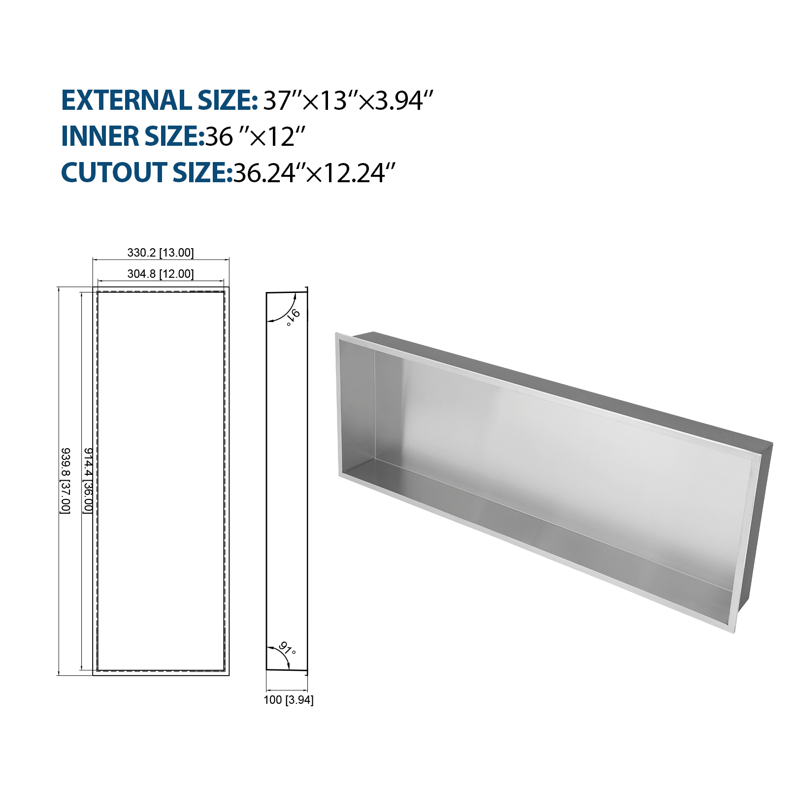 37" x 13" Stainless Steel Shower Niche, Brushed Nickel