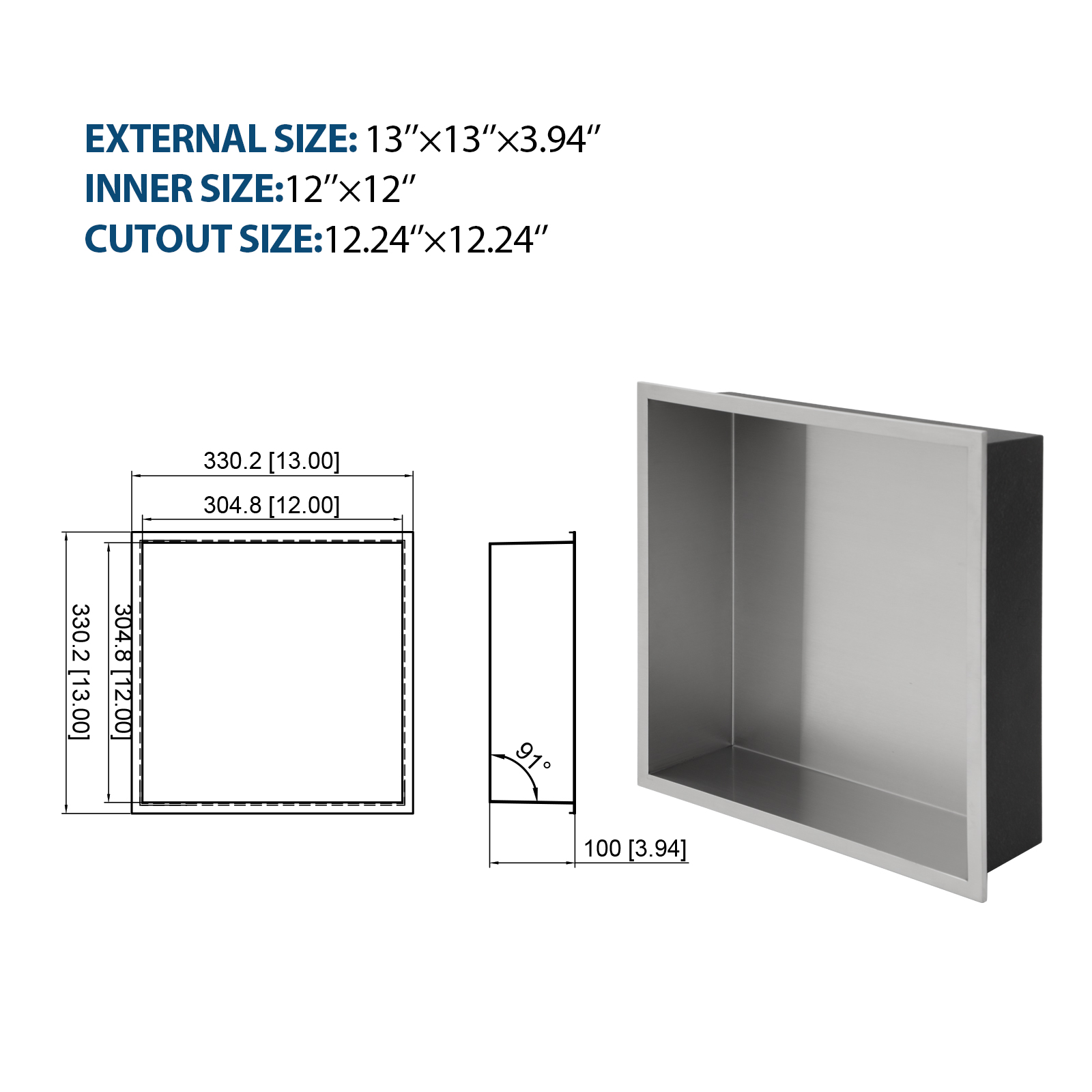 13" x 13" Stainless Steel Shower Niche, Brushed Nickel