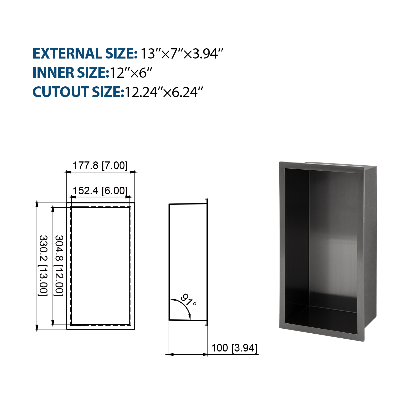 13" x 7" Stainless Steel Shower Niche , Gunmetal Black