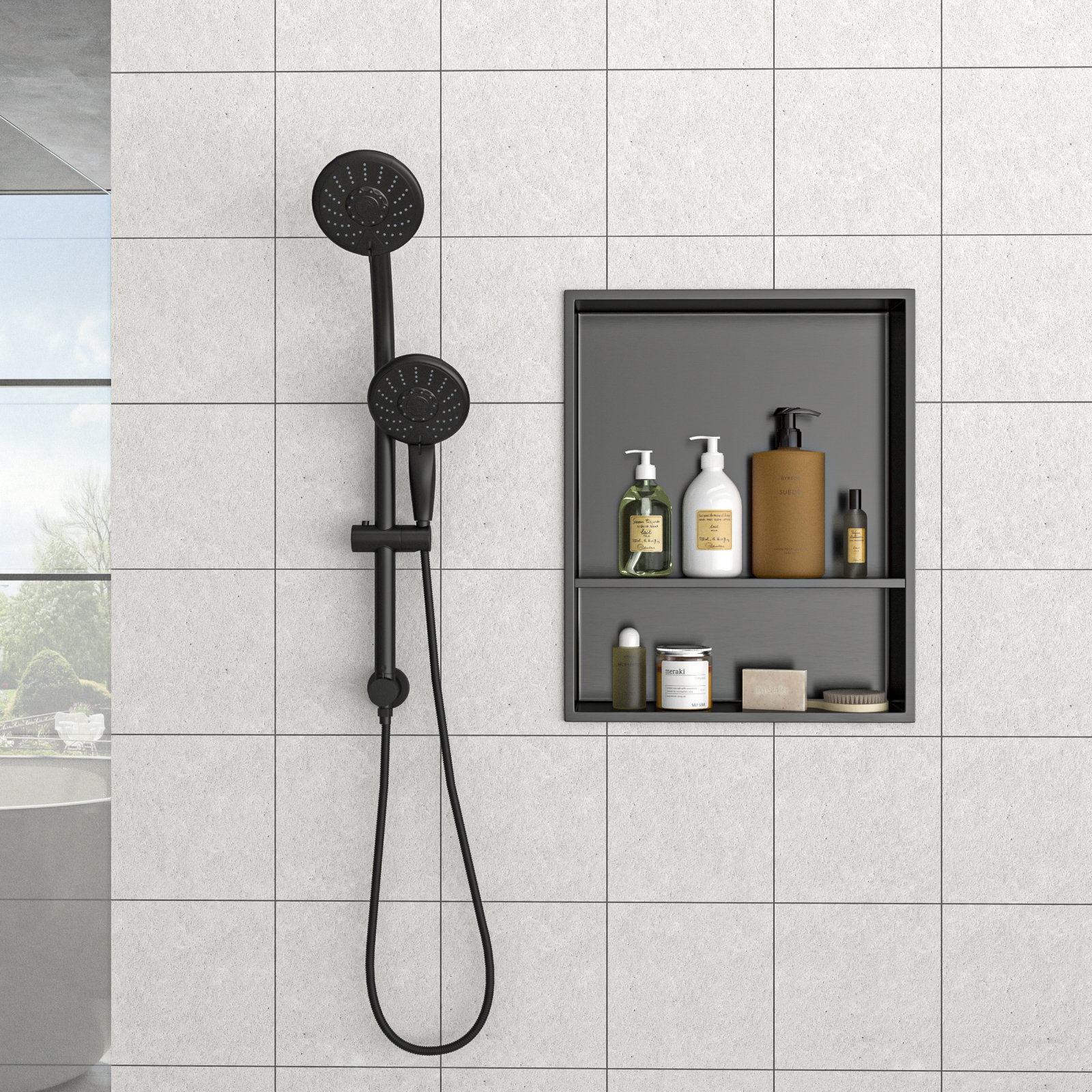 21" x 17" Stainless Steel Shower Niche Double Shelf, Gunmetal Black