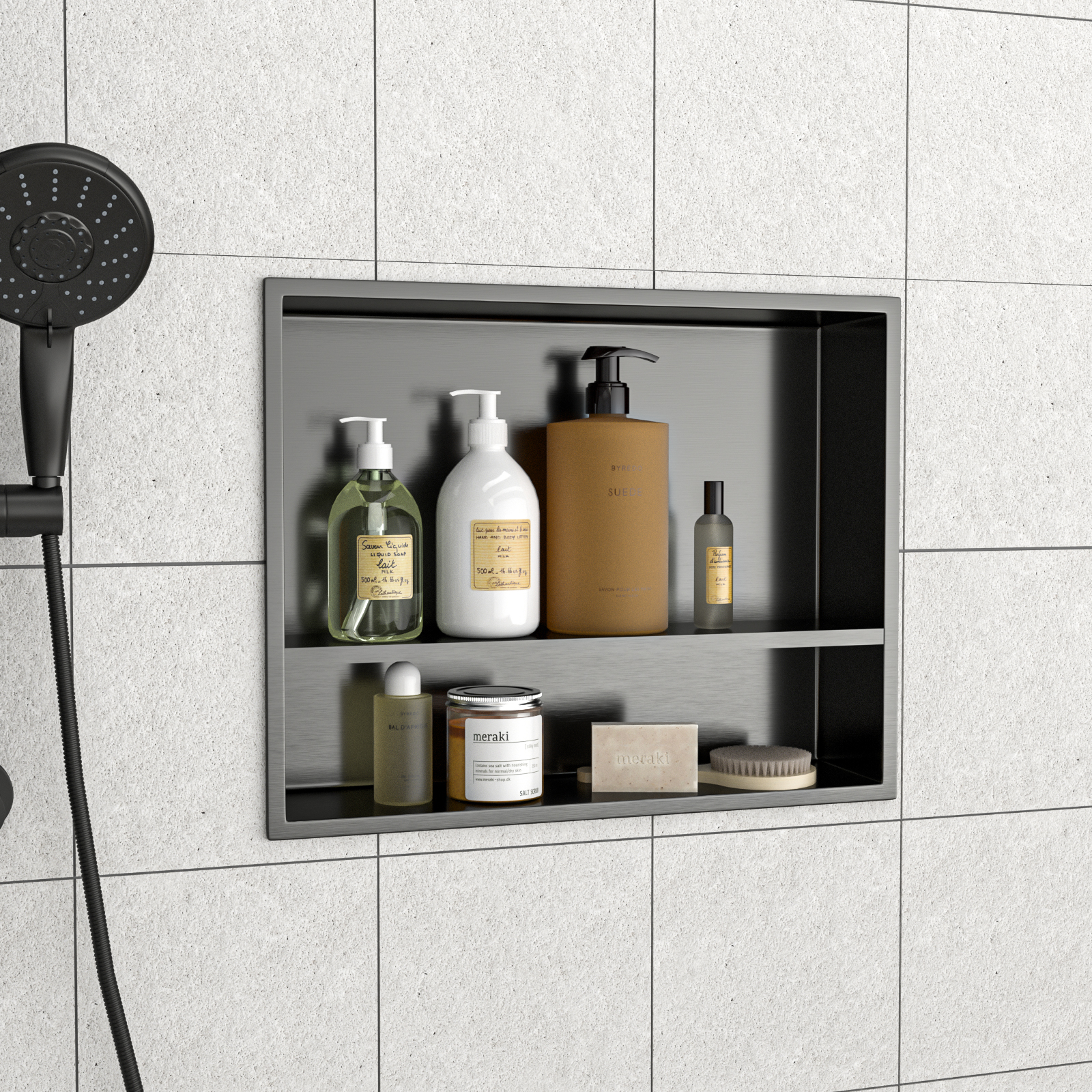 19" x 15" Stainless Steel Shower Niche Double Shelf, Gunmetal Black