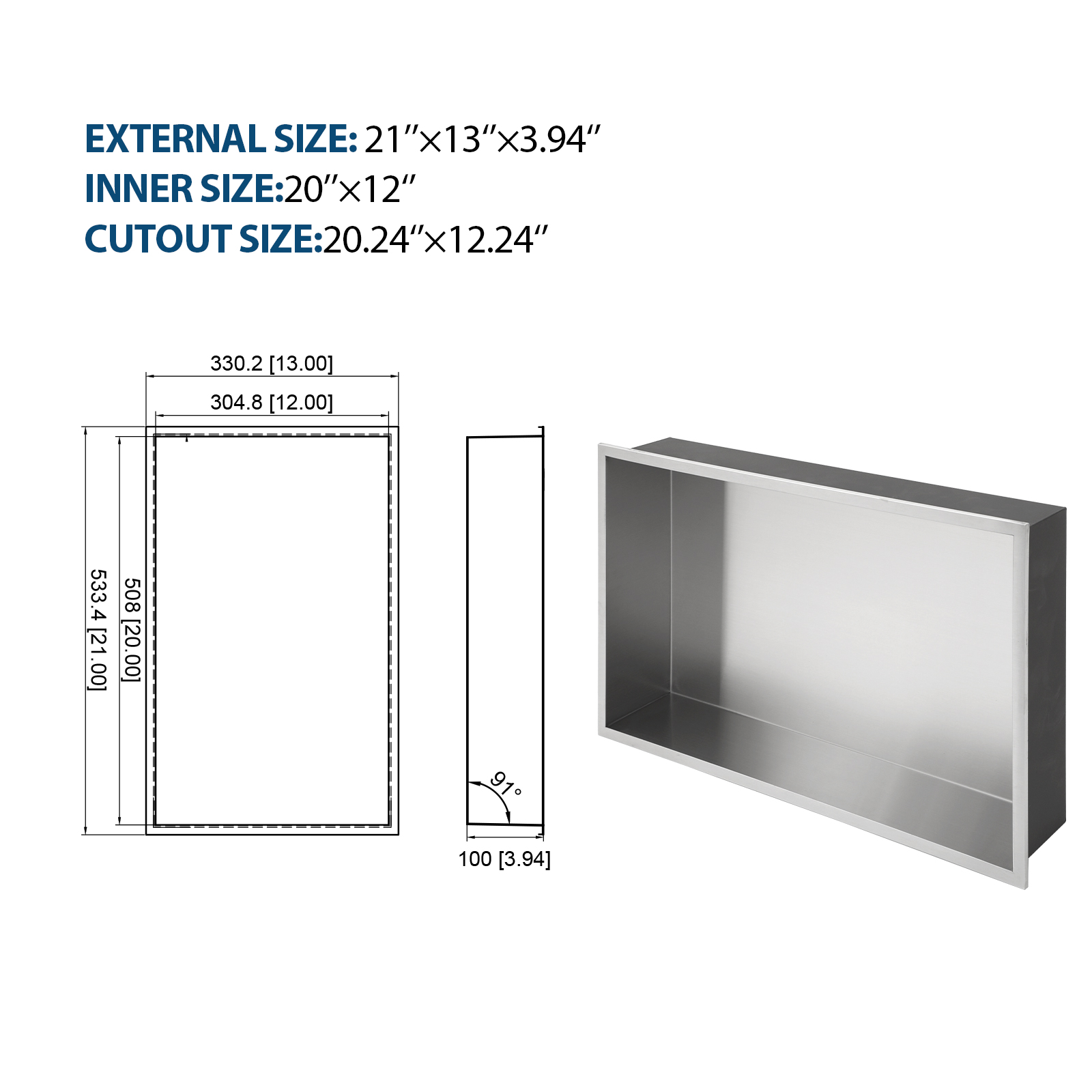 21" x 13" Stainless Steel Shower Niche, Brushed Nickel