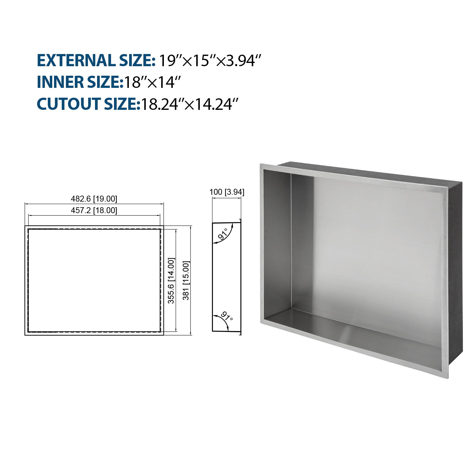 19" x 15" Stainless Steel Shower Niche, Brushed Nickel