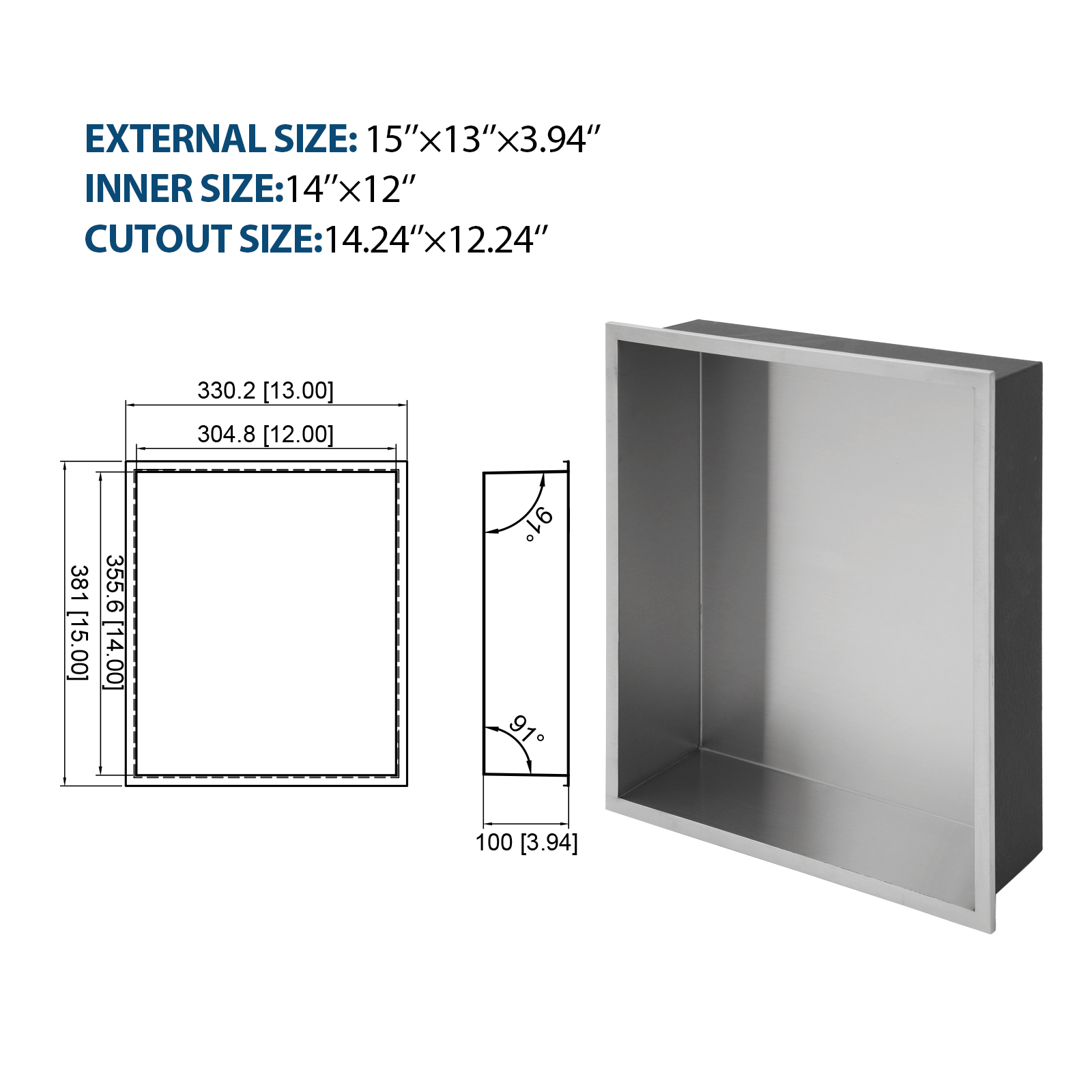 15" x 13" Stainless Steel Shower Niche, Brushed Nickel