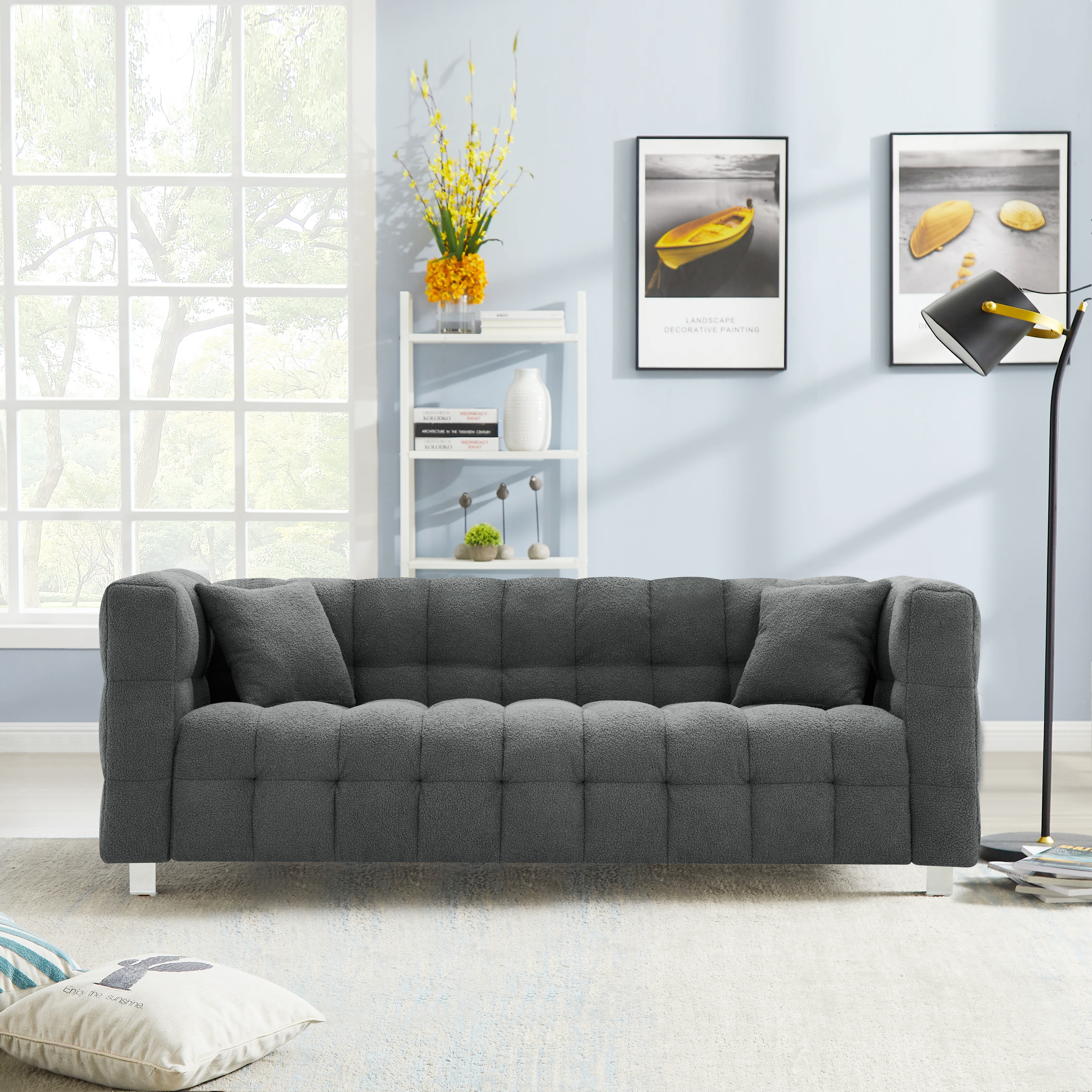 Grey teddy fleece sofa 80 inch discharge in living room bedroom with two throw pillows hardware foot support