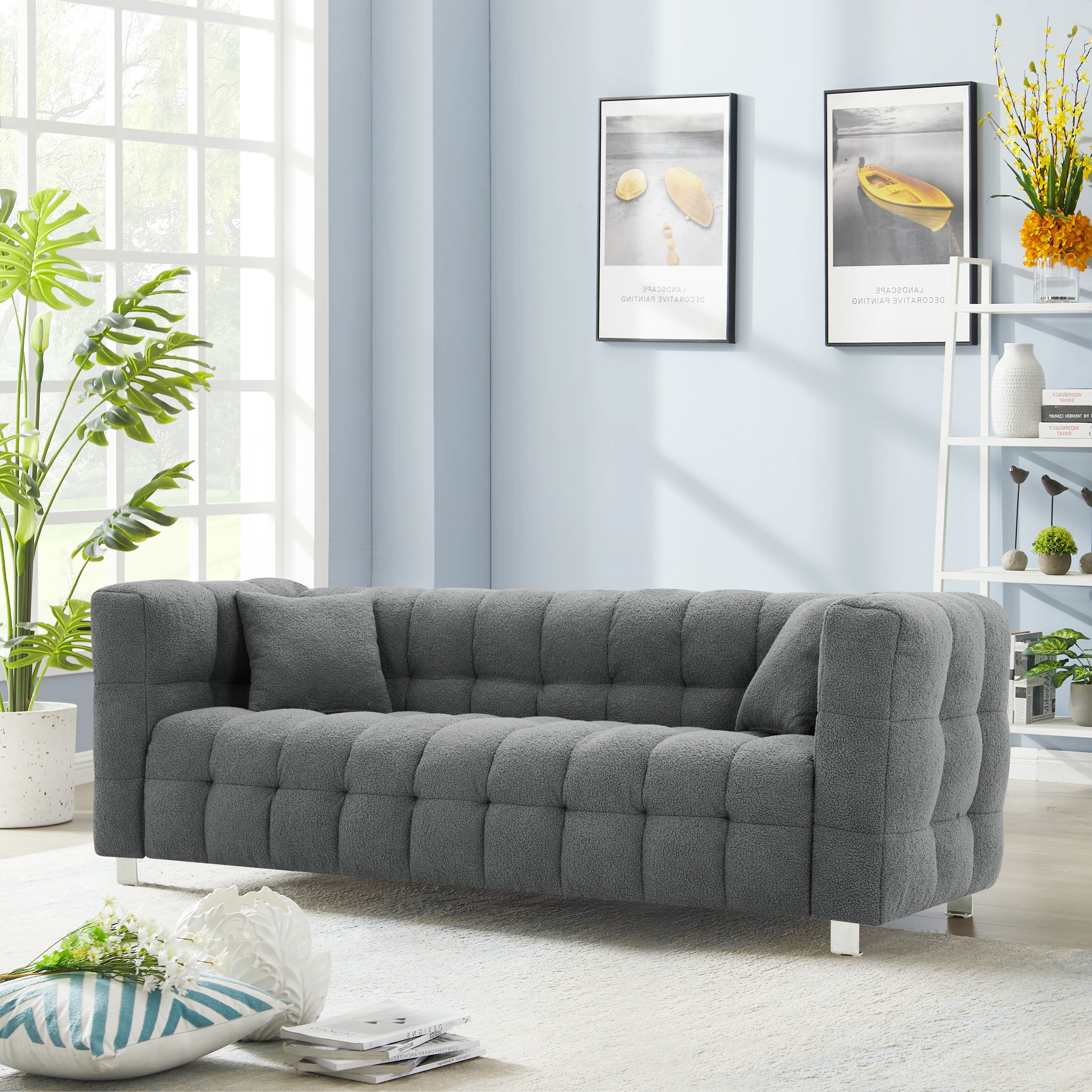 Grey teddy fleece sofa 80 inch discharge in living room bedroom with two throw pillows hardware foot support