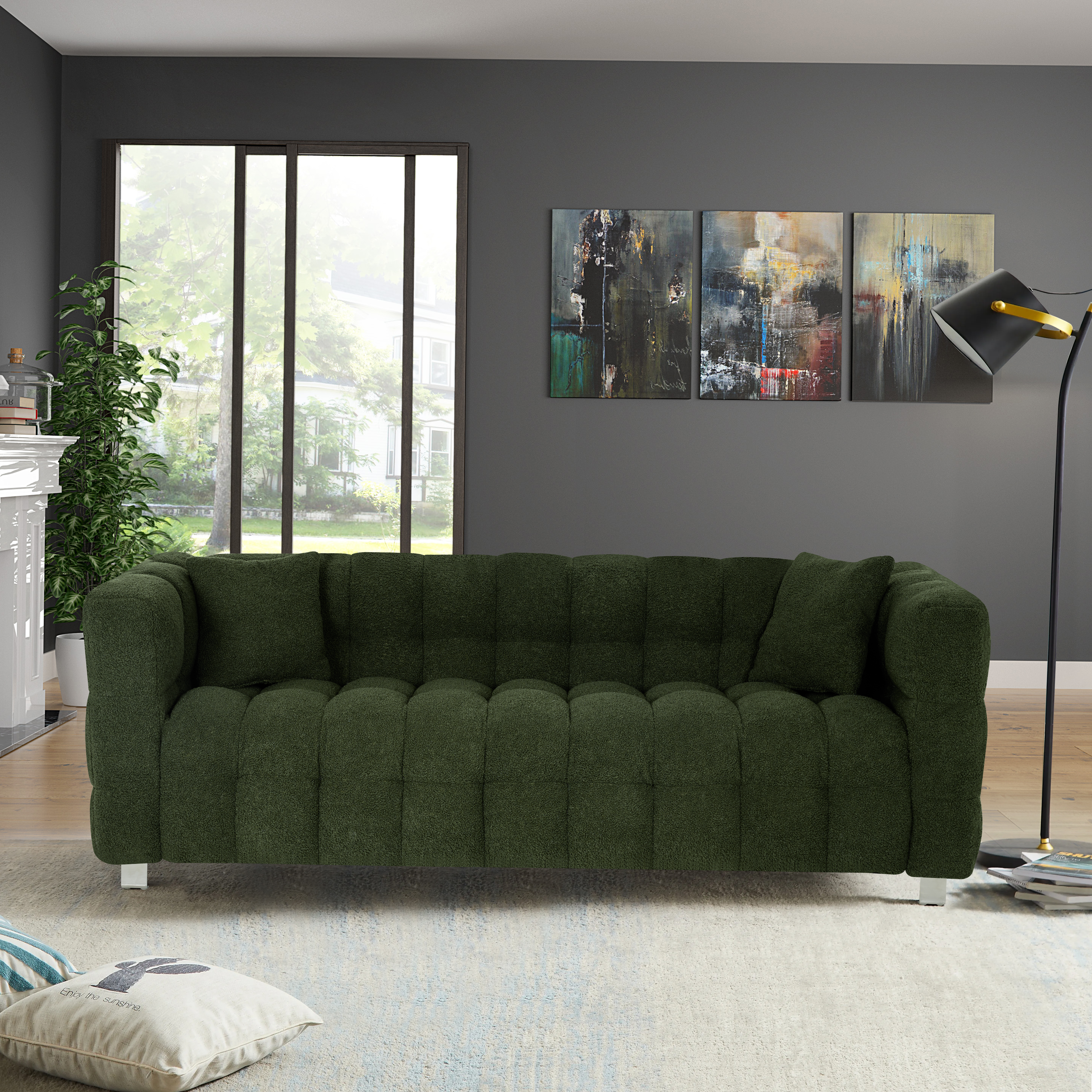 Green teddy fleece sofa 80 "discharge in living room bedroom with two throw pillows hardware foot support