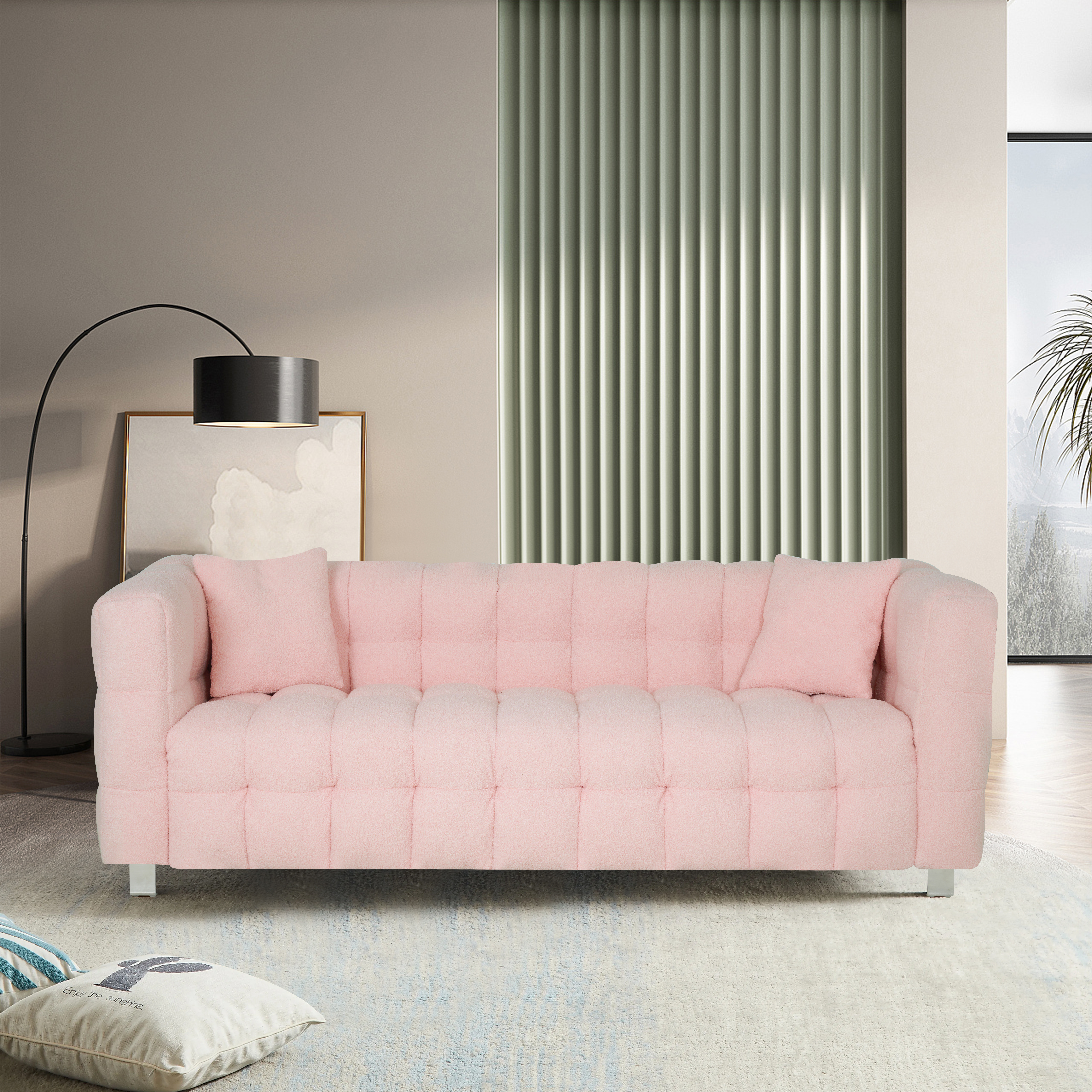 Pink teddy fleecesofa 80 inch discharge in living room bedroom with two throw pillows hardware foot support