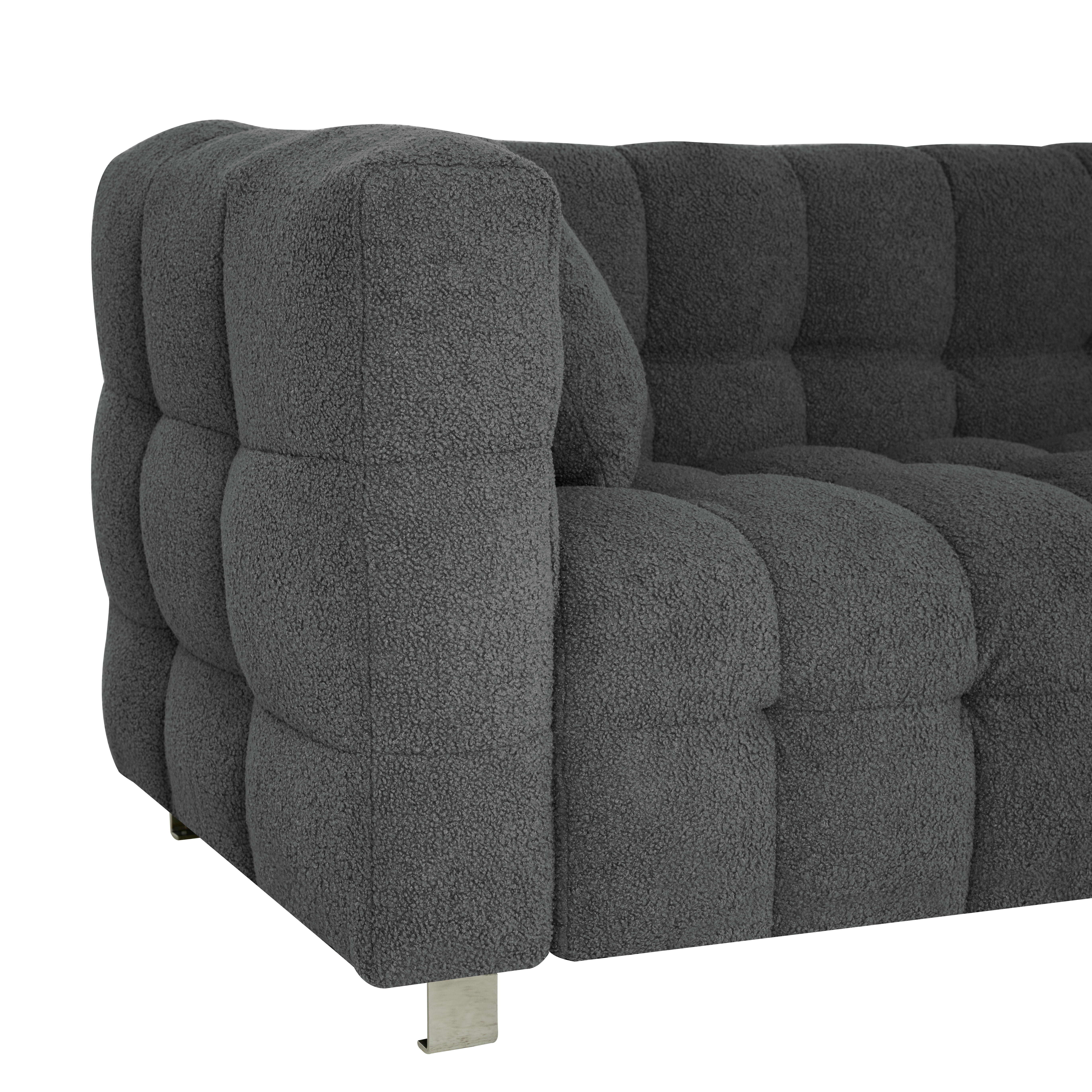 Grey teddy fleece sofa 80 inch discharge in living room bedroom with two throw pillows hardware foot support