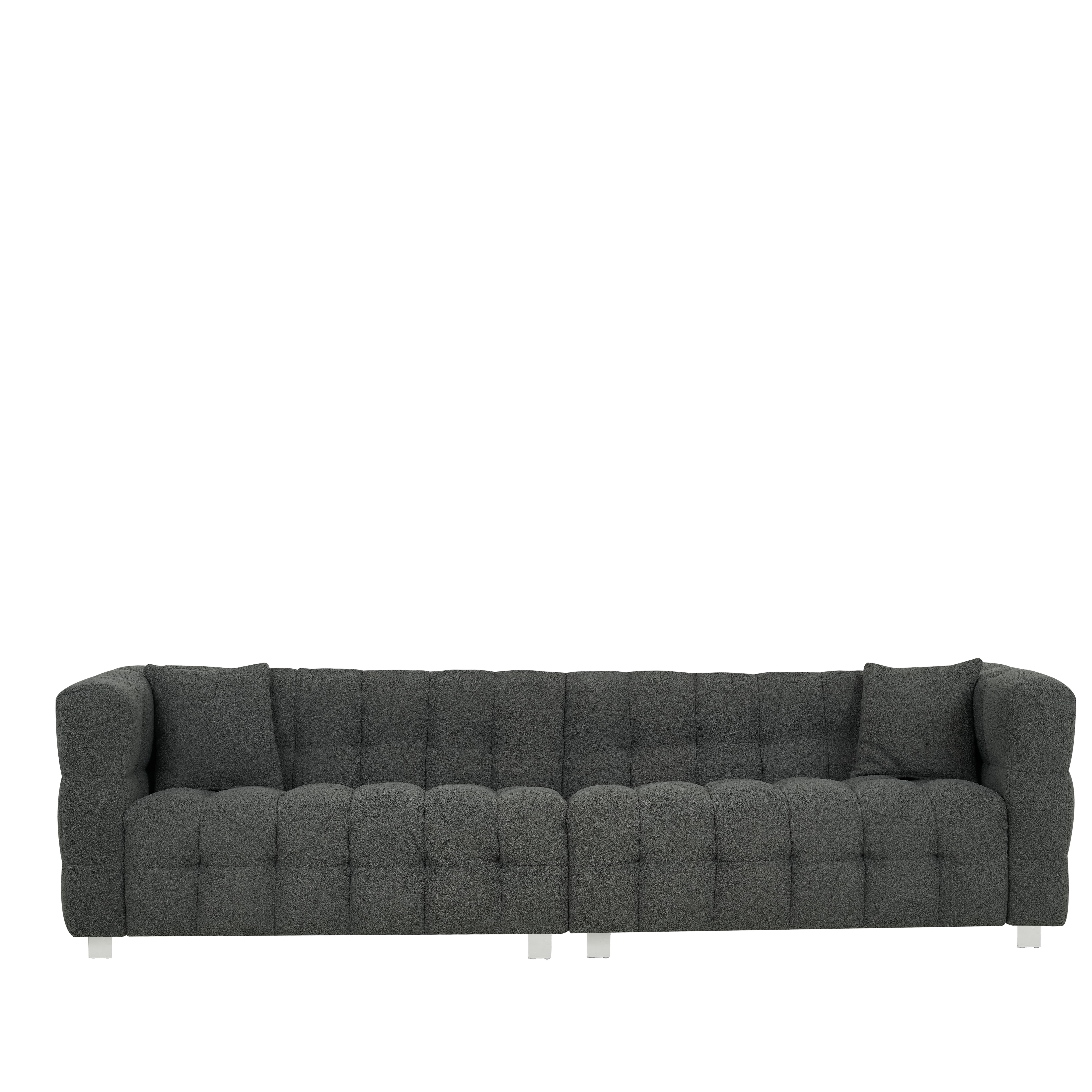 102-inch gray teddy velvet sofa with two throw pillows in living room Bedroom apartment sofa supported by hardware feet