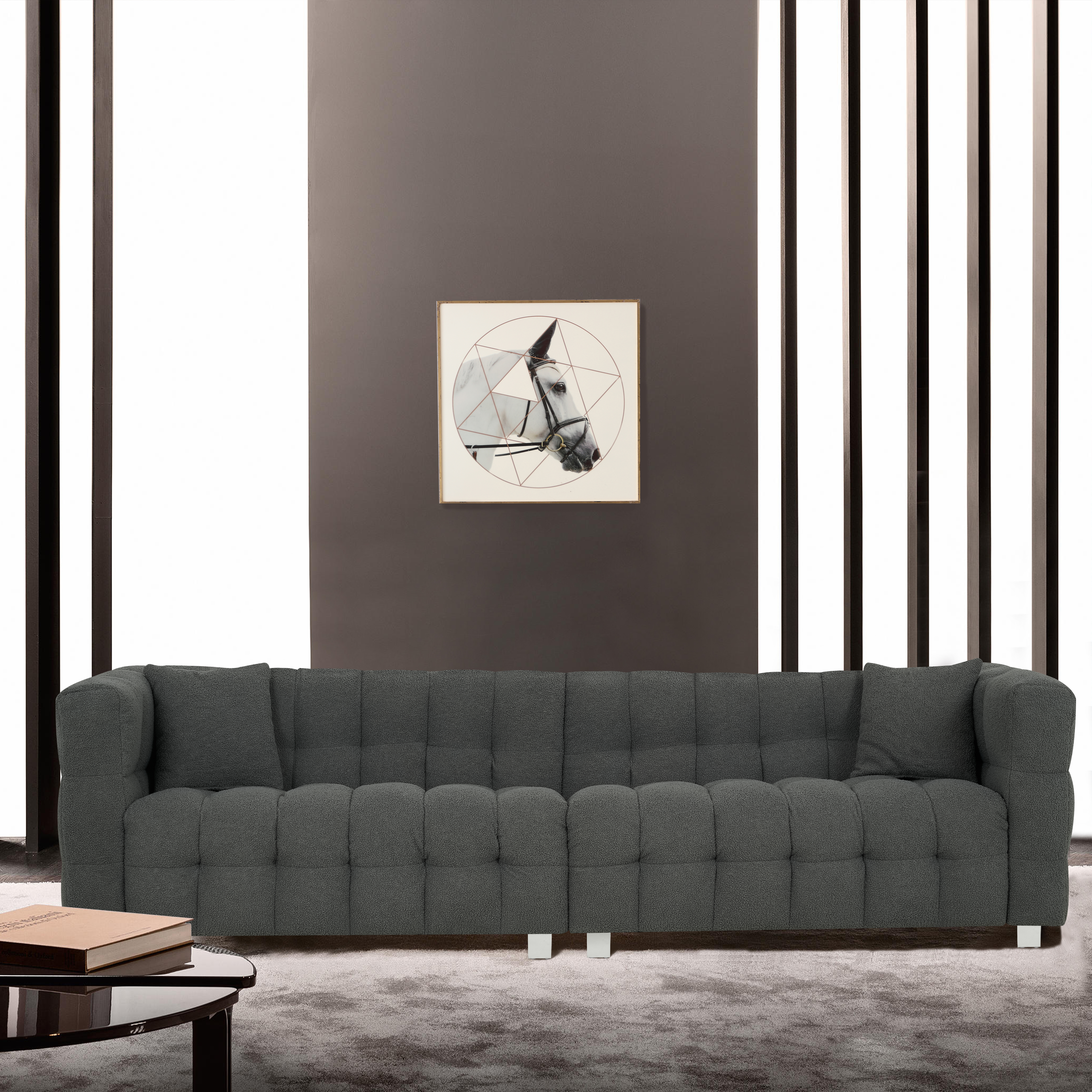 102-inch gray teddy velvet sofa with two throw pillows in living room Bedroom apartment sofa supported by hardware feet