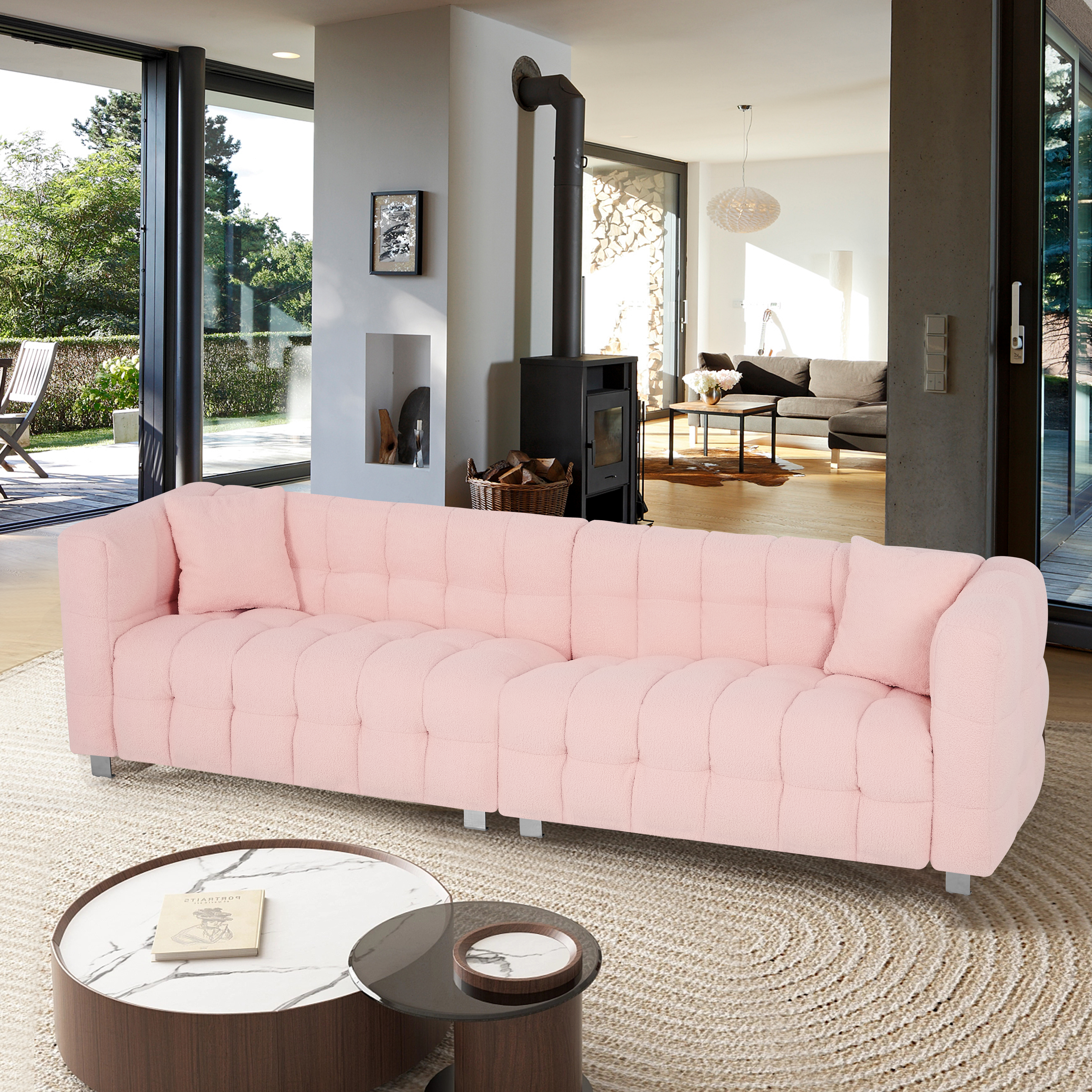 102-inch pink teddy fleece  sofa with two throw pillows in living room Bedroom apartment sofa supported by hardware feet