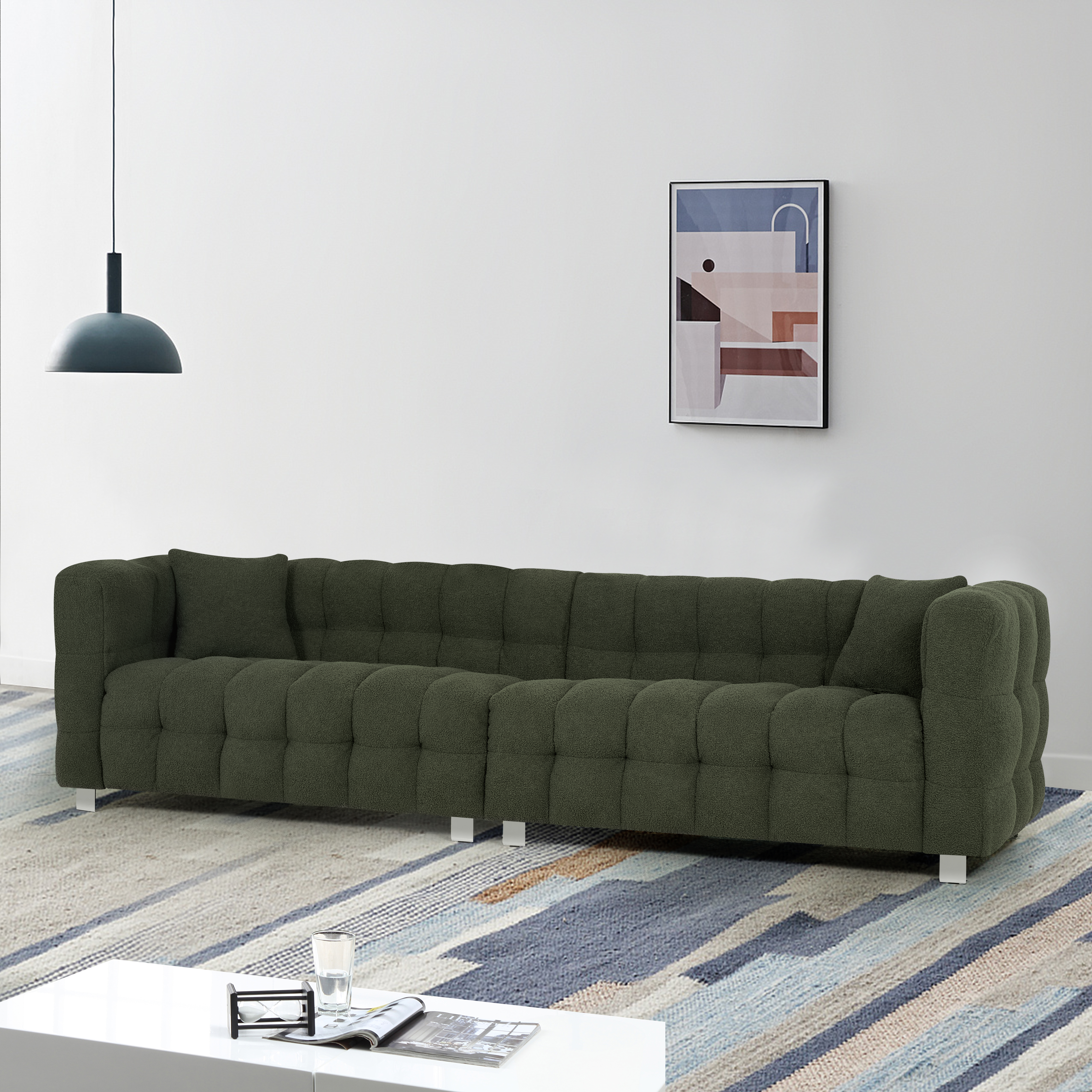 102-inch green teddy fleece  sofa with two throw pillows in living room Bedroom apartment sofa supported by hardware feet