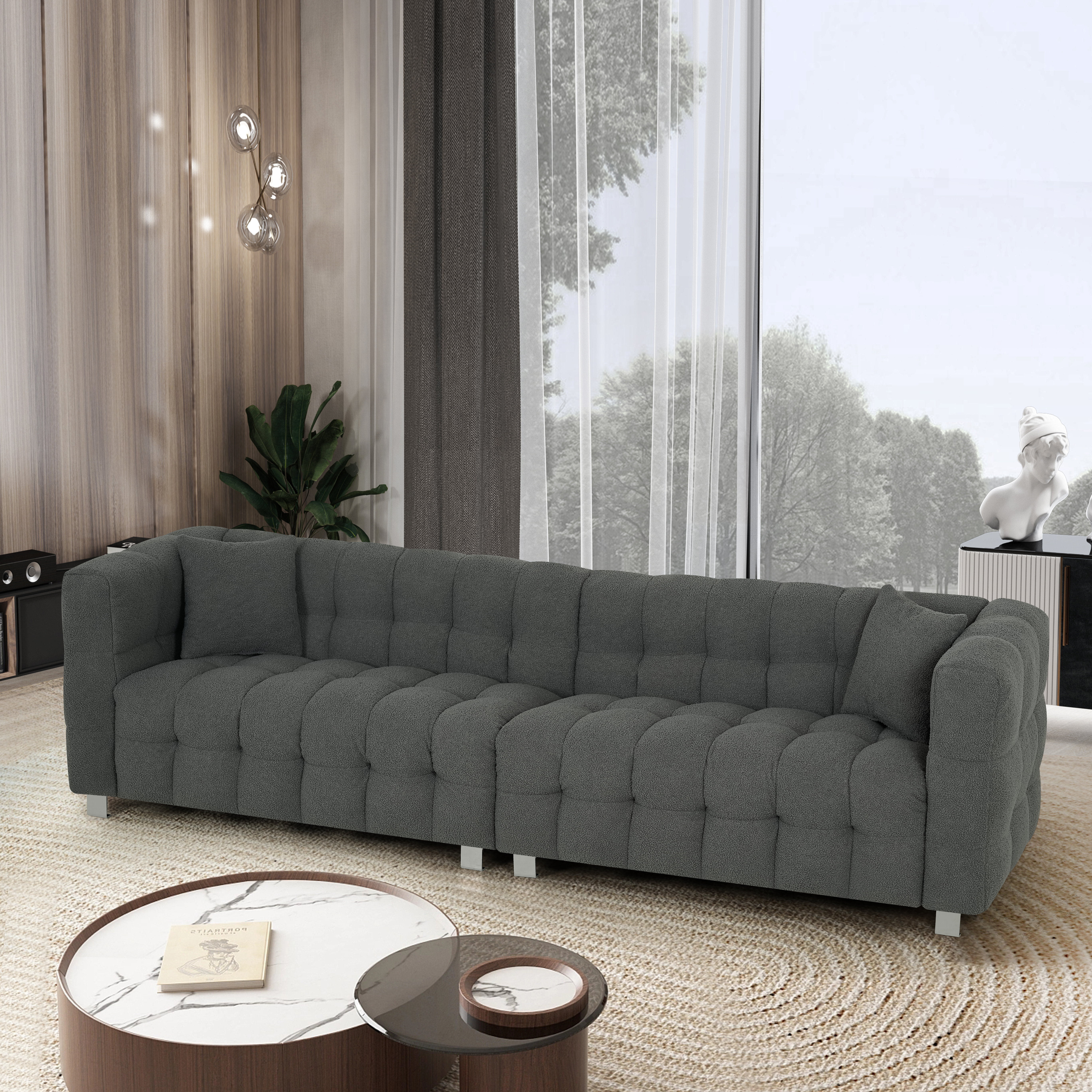 102-inch gray teddy velvet sofa with two throw pillows in living room Bedroom apartment sofa supported by hardware feet