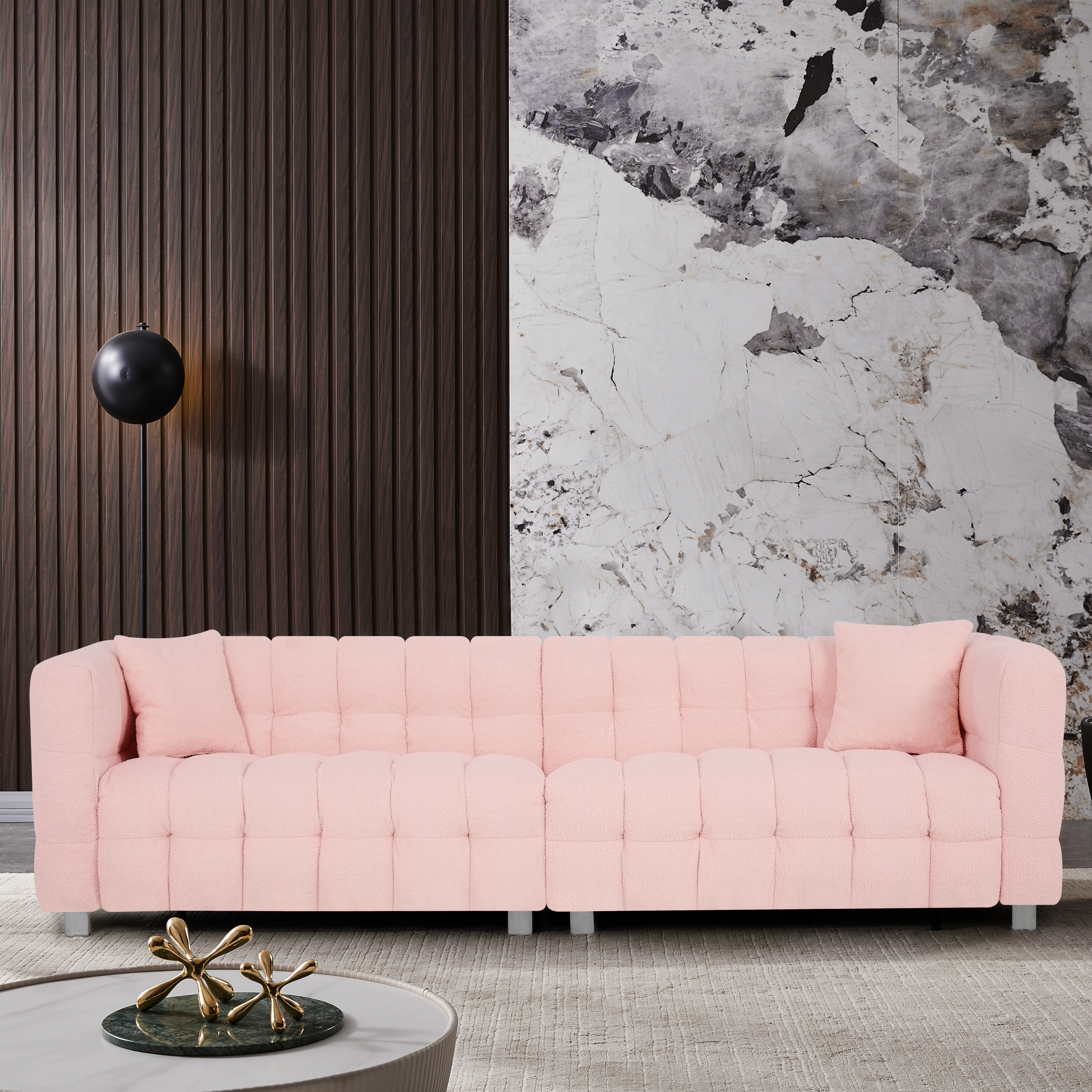 102-inch pink teddy fleece  sofa with two throw pillows in living room Bedroom apartment sofa supported by hardware feet