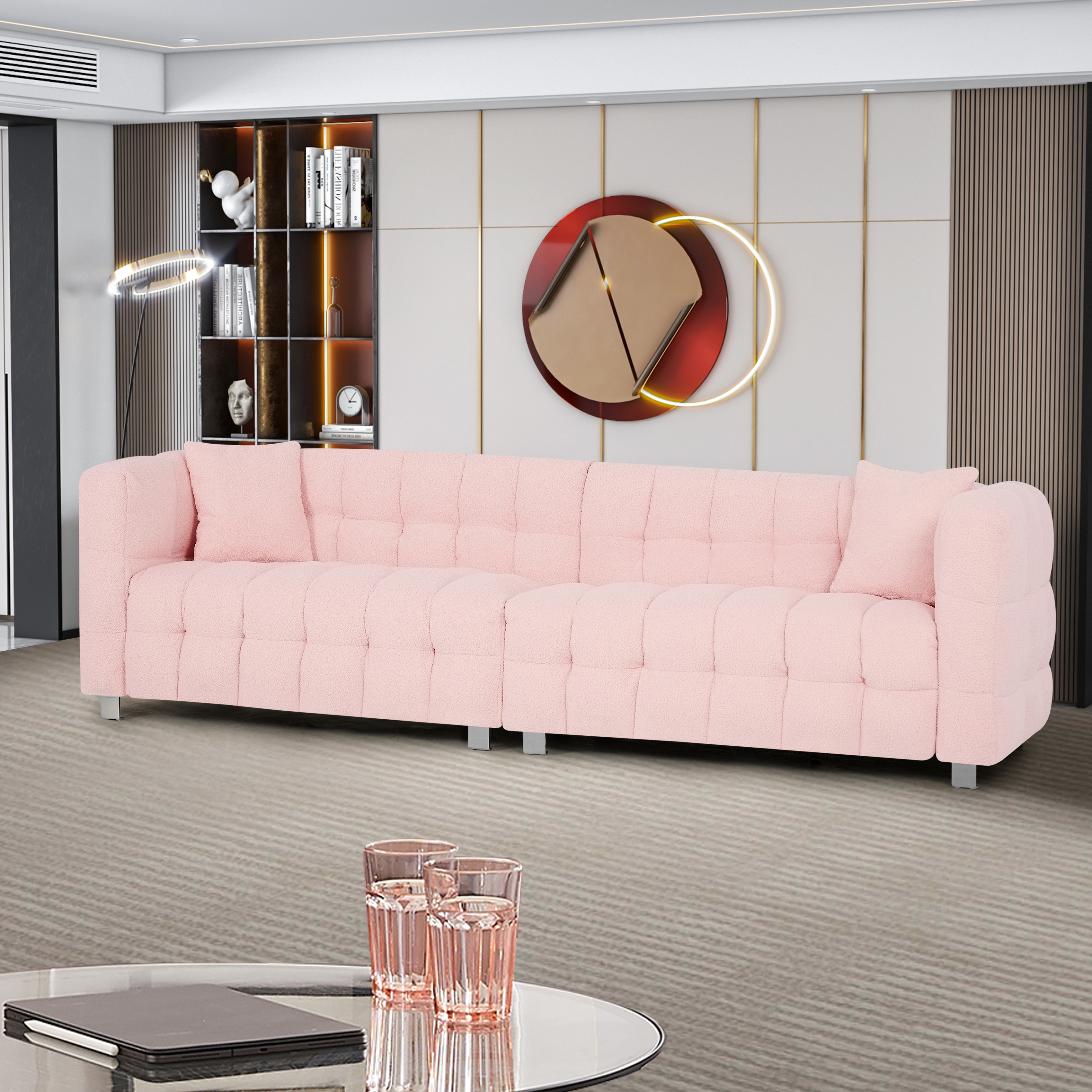 102-inch pink teddy fleece  sofa with two throw pillows in living room Bedroom apartment sofa supported by hardware feet