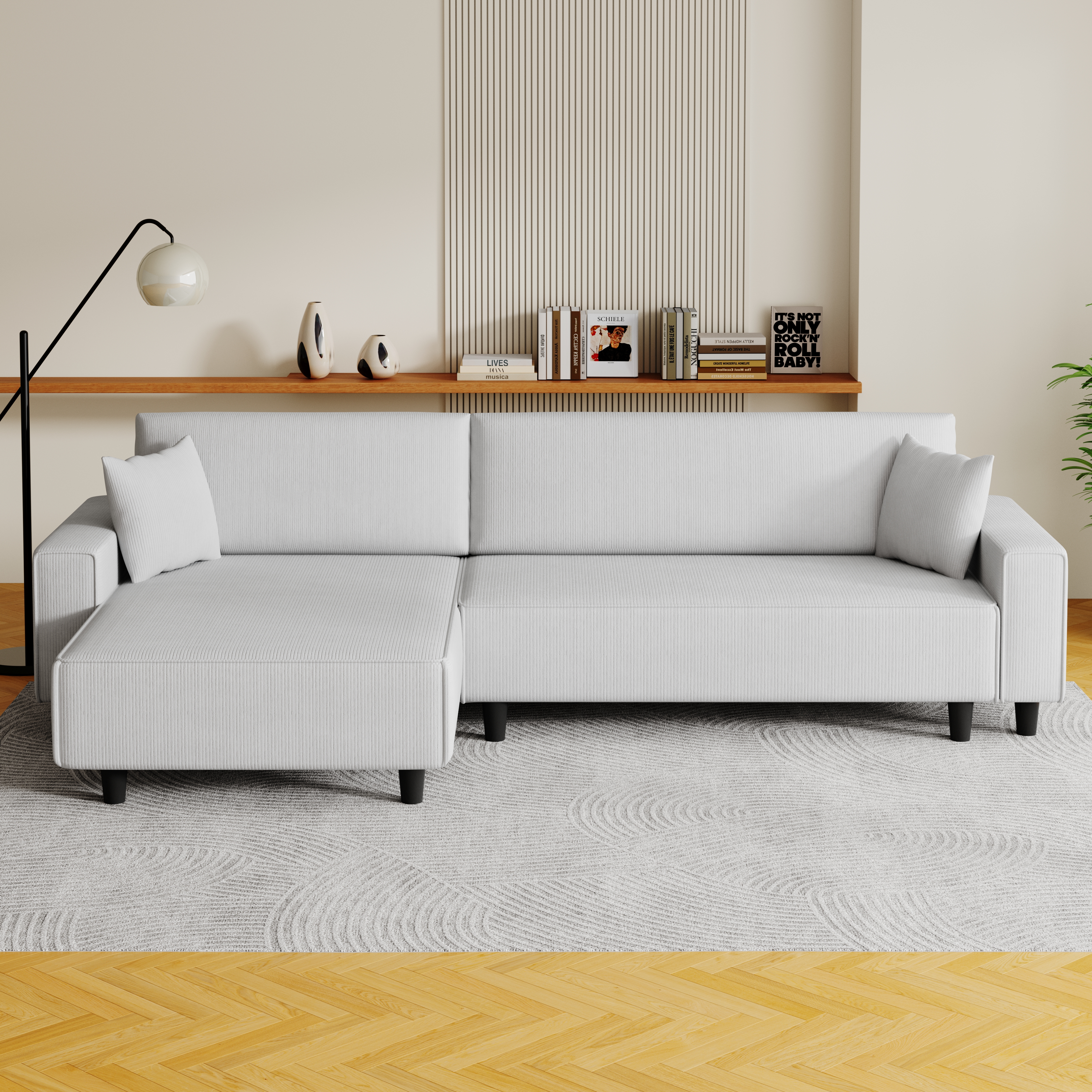 The 93-inch grey corduroy sofa bed comes with two pillows to fit in the living room and the apartment is not overcrowded