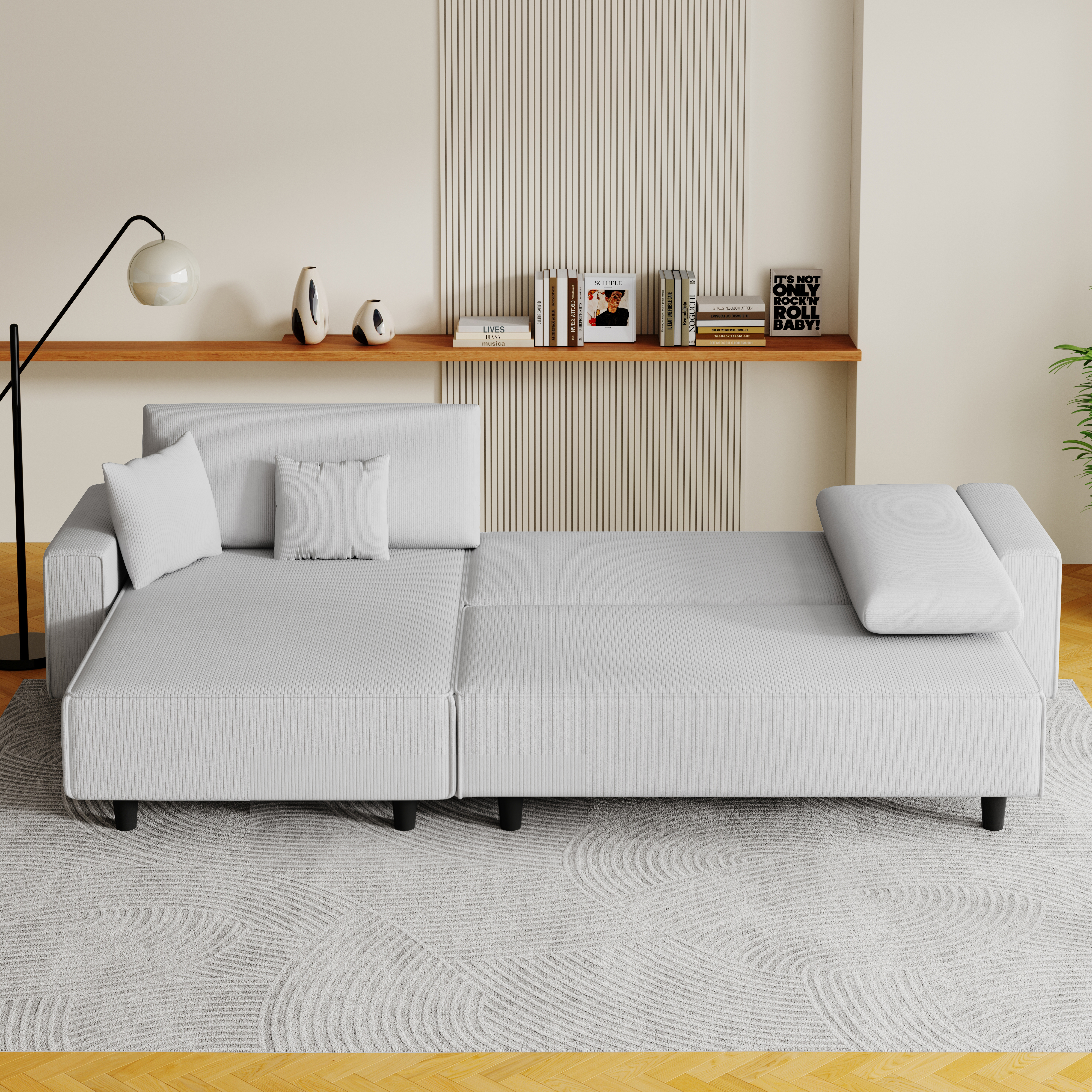 The 93-inch grey corduroy sofa bed comes with two pillows to fit in the living room and the apartment is not overcrowded