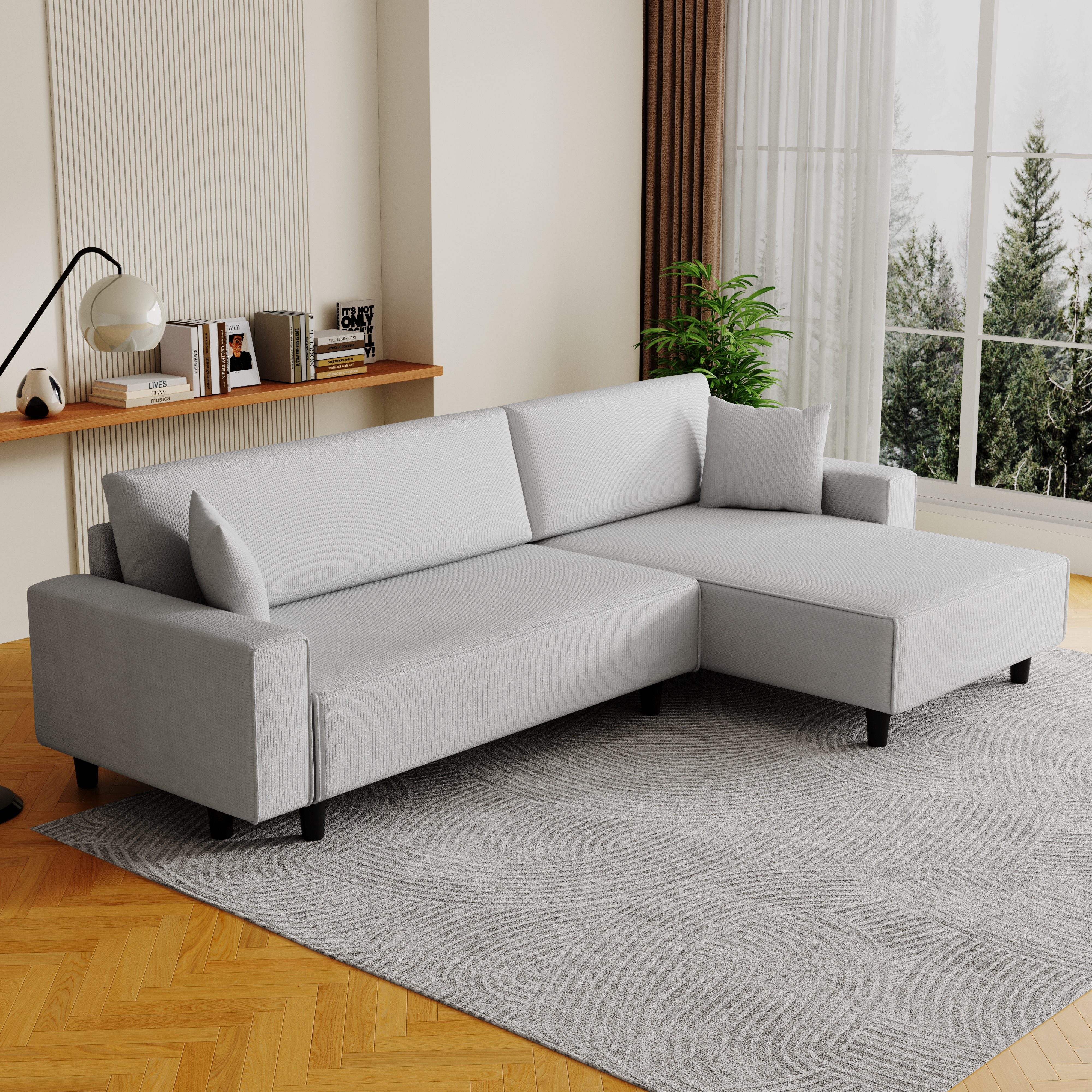 The 93-inch grey corduroy sofa bed comes with two pillows to fit in the living room and the apartment is not overcrowded