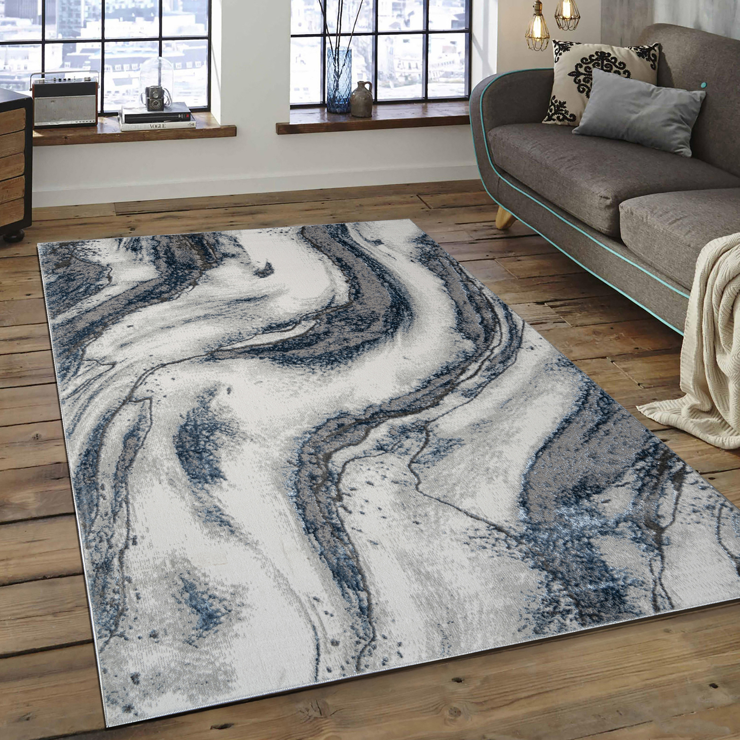 "Ziv" Luxury Area Rug in Blue and Grey Abstract Design