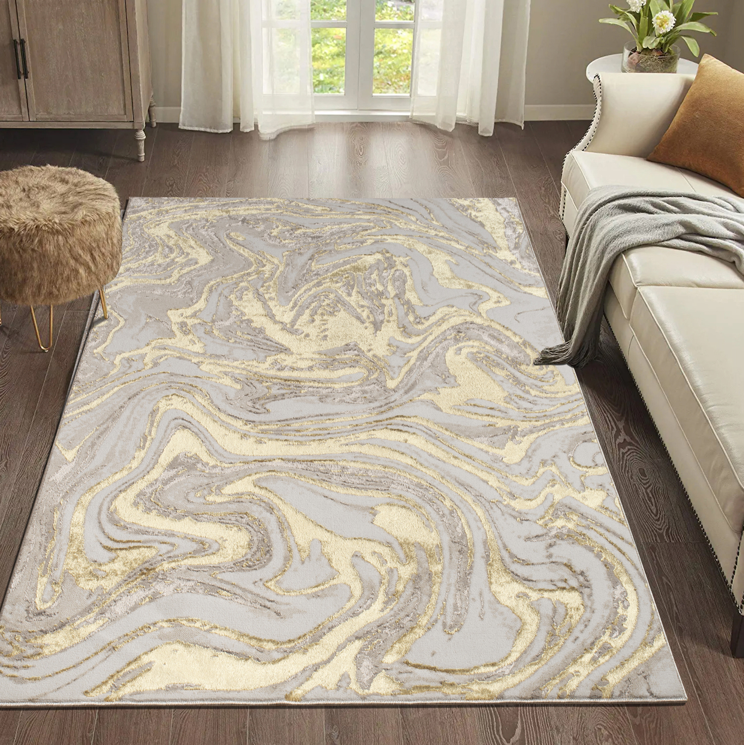 "Paz" Luxury Area Rug in Beige and Gold Abstract Design