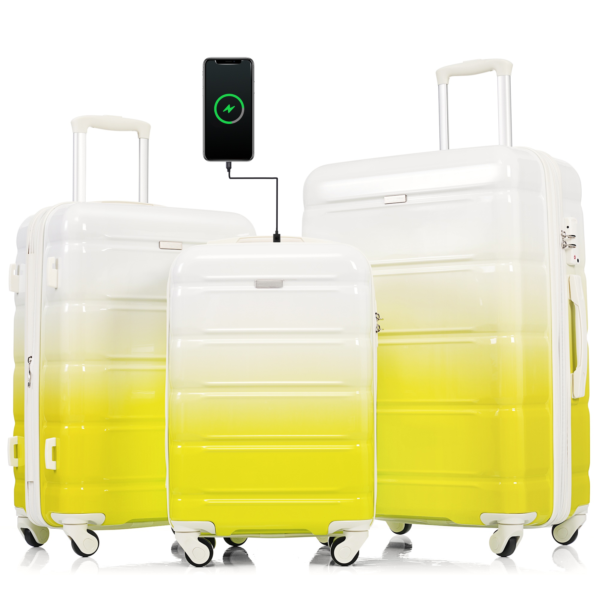 Luggage Set of 3, 20-inch with USB Port, Airline Certified Carry-on Luggage with Cup Holder, ABS+PC Hard Shell Luggage with Spinner Wheels, lemon yellow, New Products In Stock Mid May