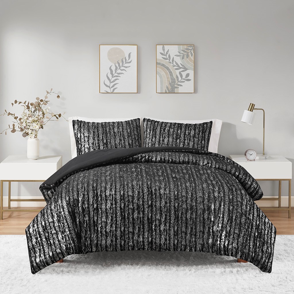 Metallic Print Faux Fur Comforter Set