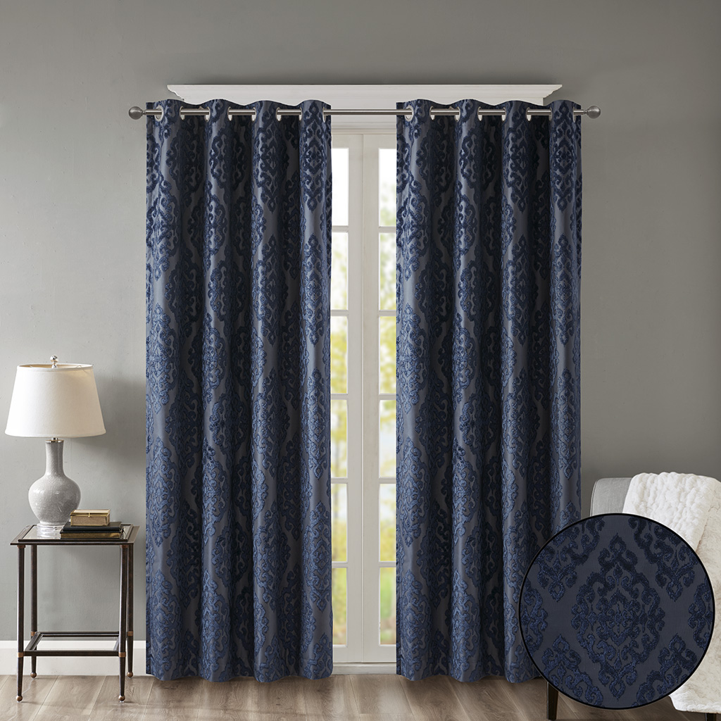 Knitted Jacquard Damask Total Blackout Grommet Top Curtain Panel