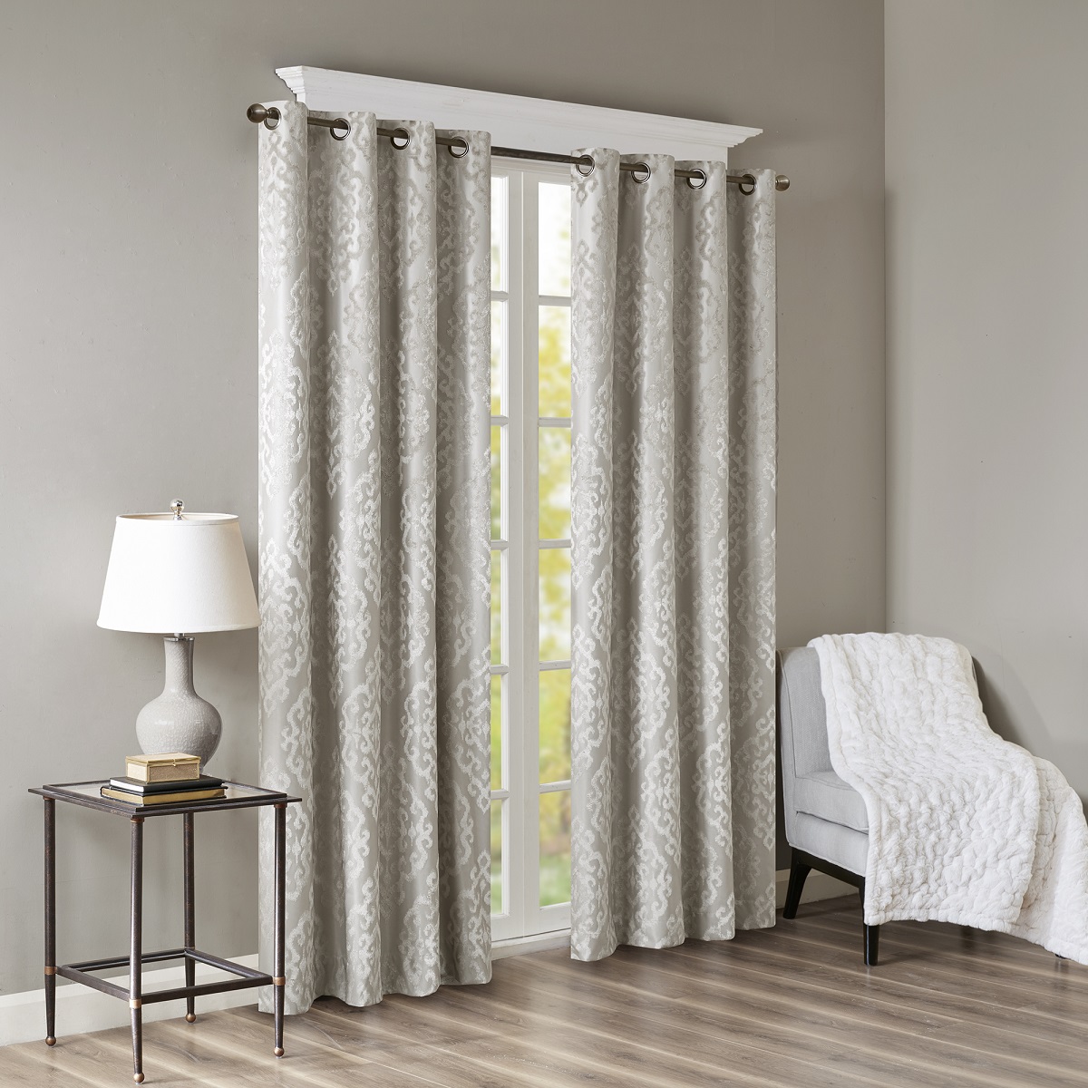 Knitted Jacquard Damask Total Blackout Grommet Top Curtain Panel