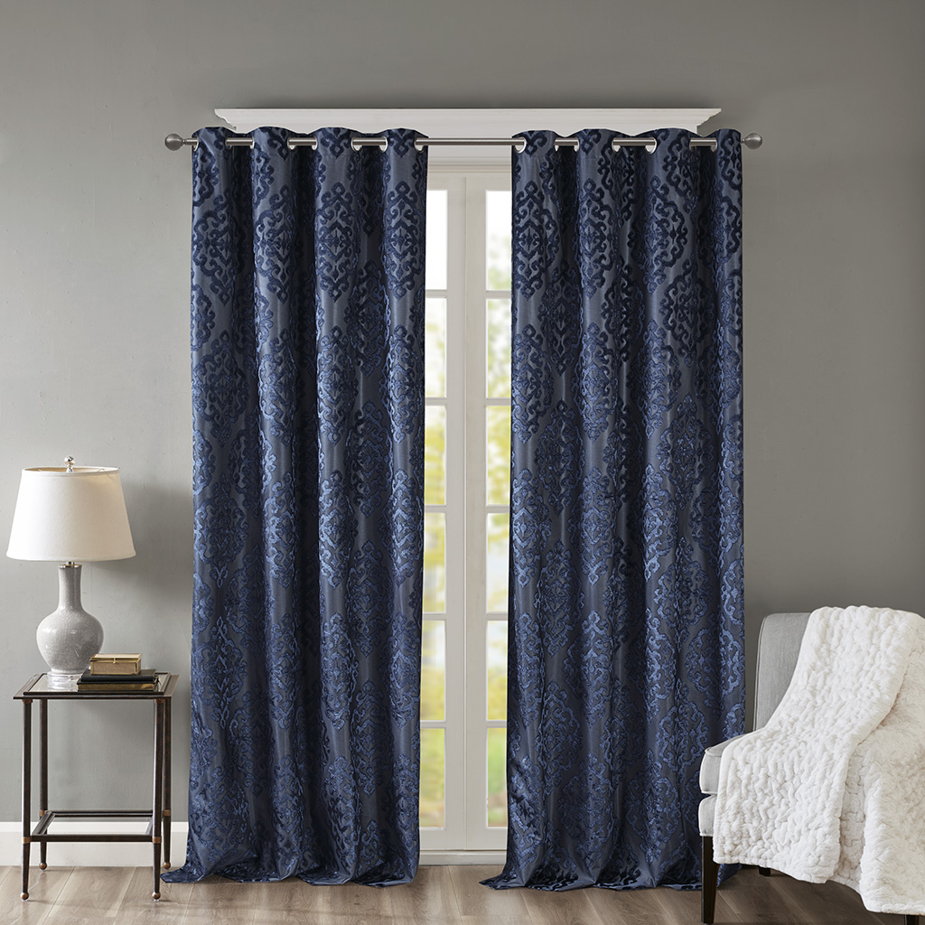 Knitted Jacquard Damask Total Blackout Grommet Top Curtain Panel