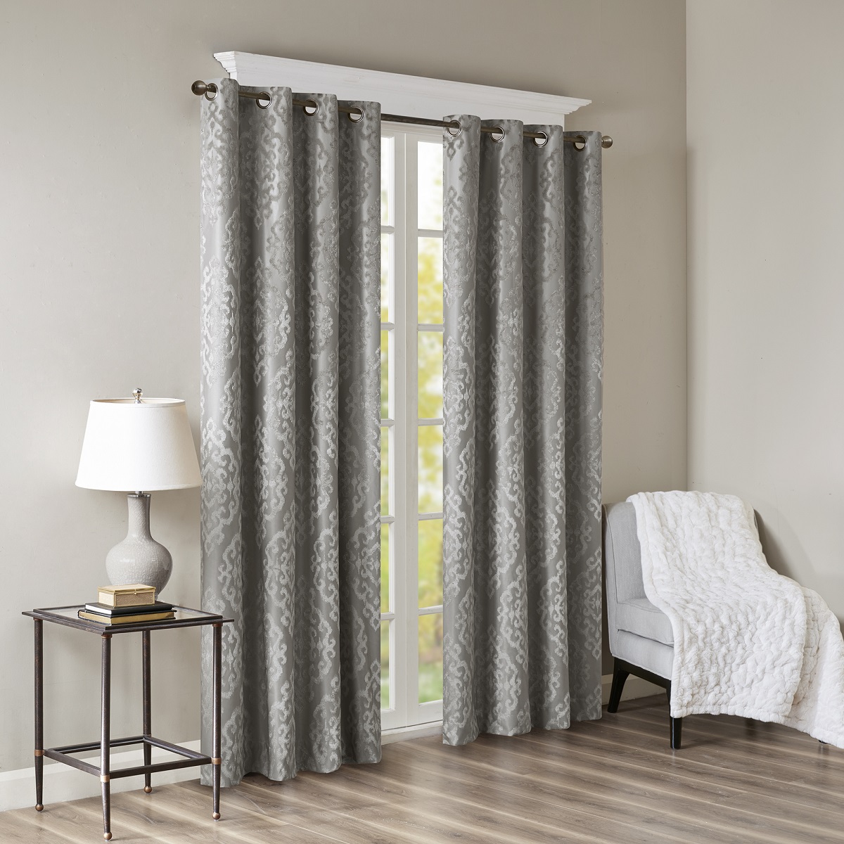 Knitted Jacquard Damask Total Blackout Grommet Top Curtain Panel