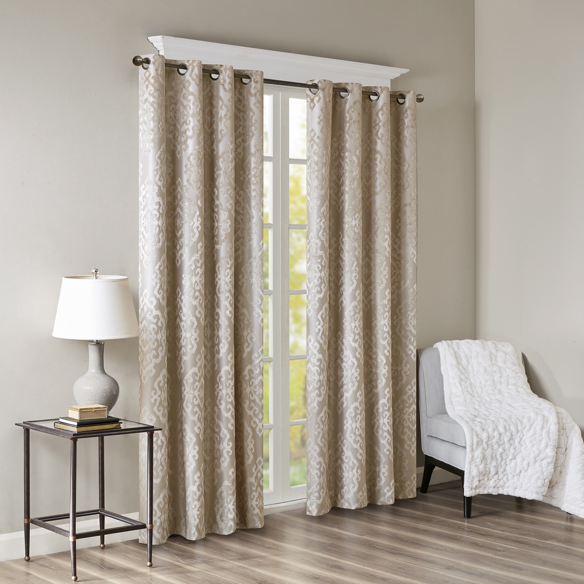 Knitted Jacquard Damask Total Blackout Grommet Top Curtain Panel