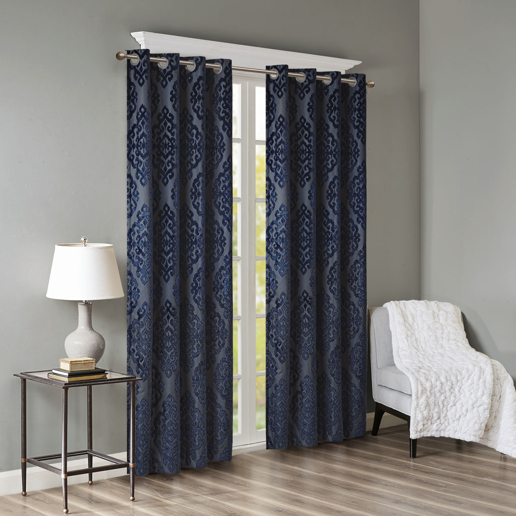 Knitted Jacquard Damask Total Blackout Grommet Top Curtain Panel