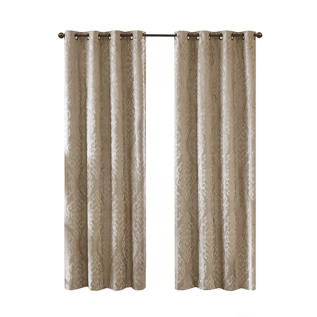 Knitted Jacquard Damask Total Blackout Grommet Top Curtain Panel Pair