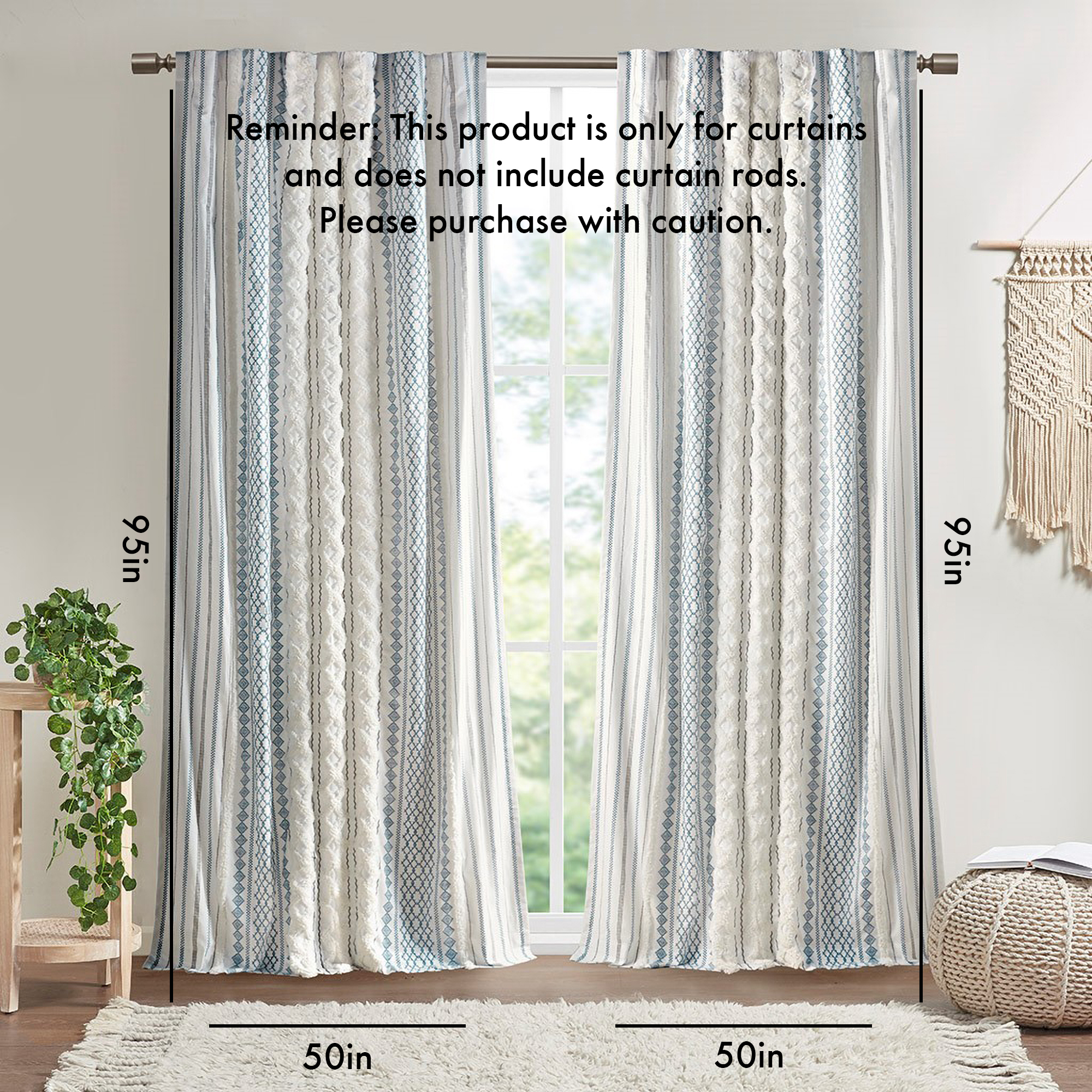 Cotton Printed Curtain Panel with Chenille Stripe and Lining