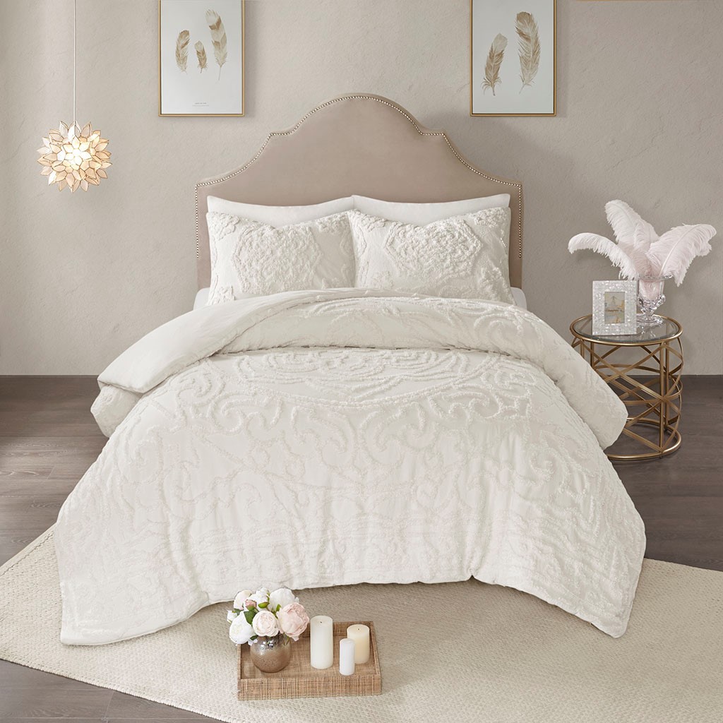 3-Piece Tufted Cotton Chenille Medallion Duvet Cover Set