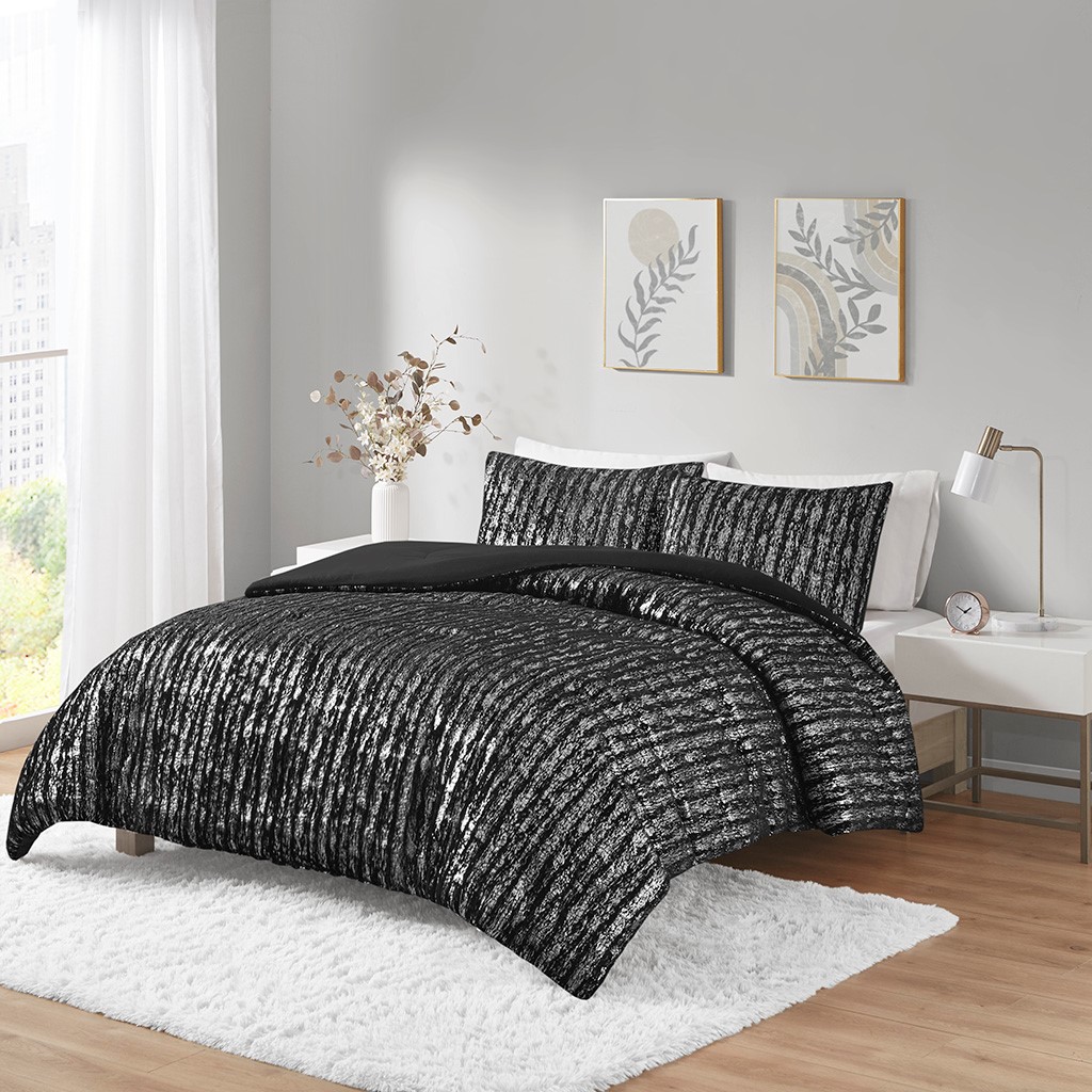 Metallic Print Faux Fur Comforter Set