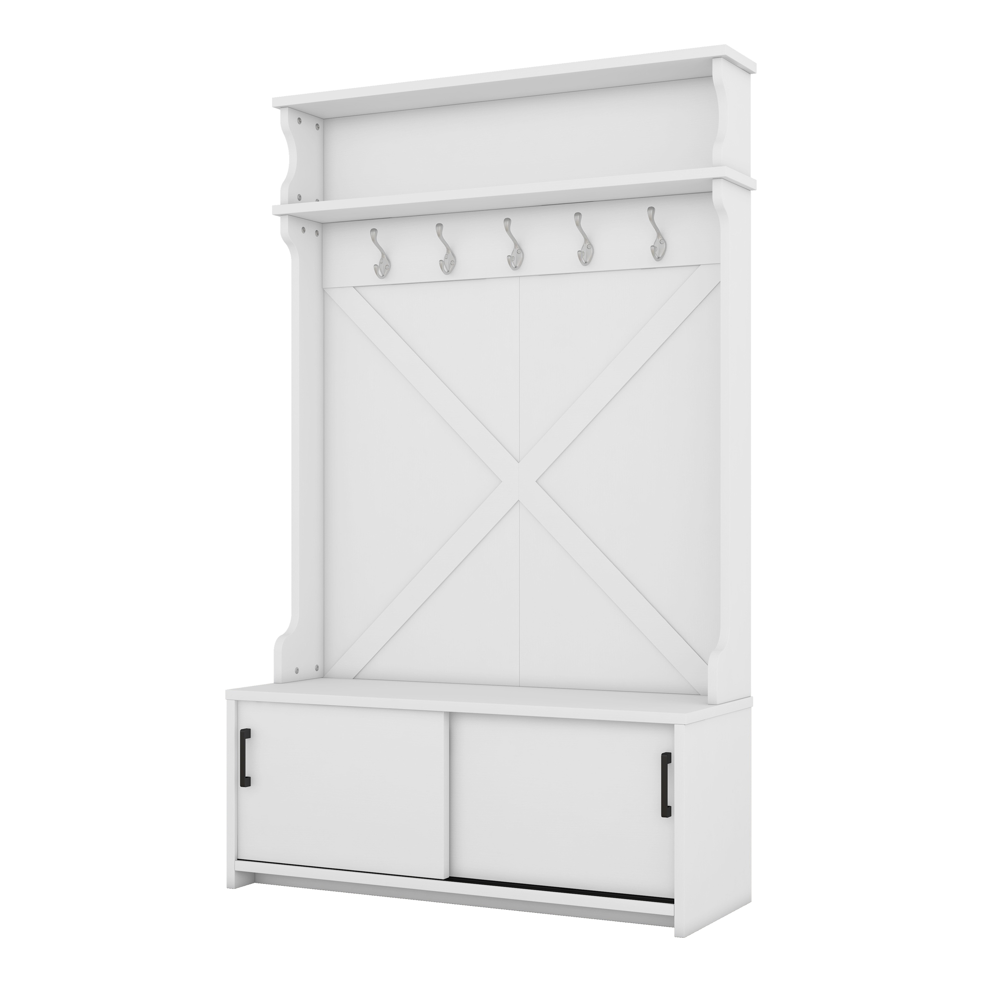 Hall Tree with Top Shelf and Storage Bench, Hallway Shoe Cabinet with Sliding Doors, Coat Rack with 5 Hanging Hooks for Entryways Hallways,White