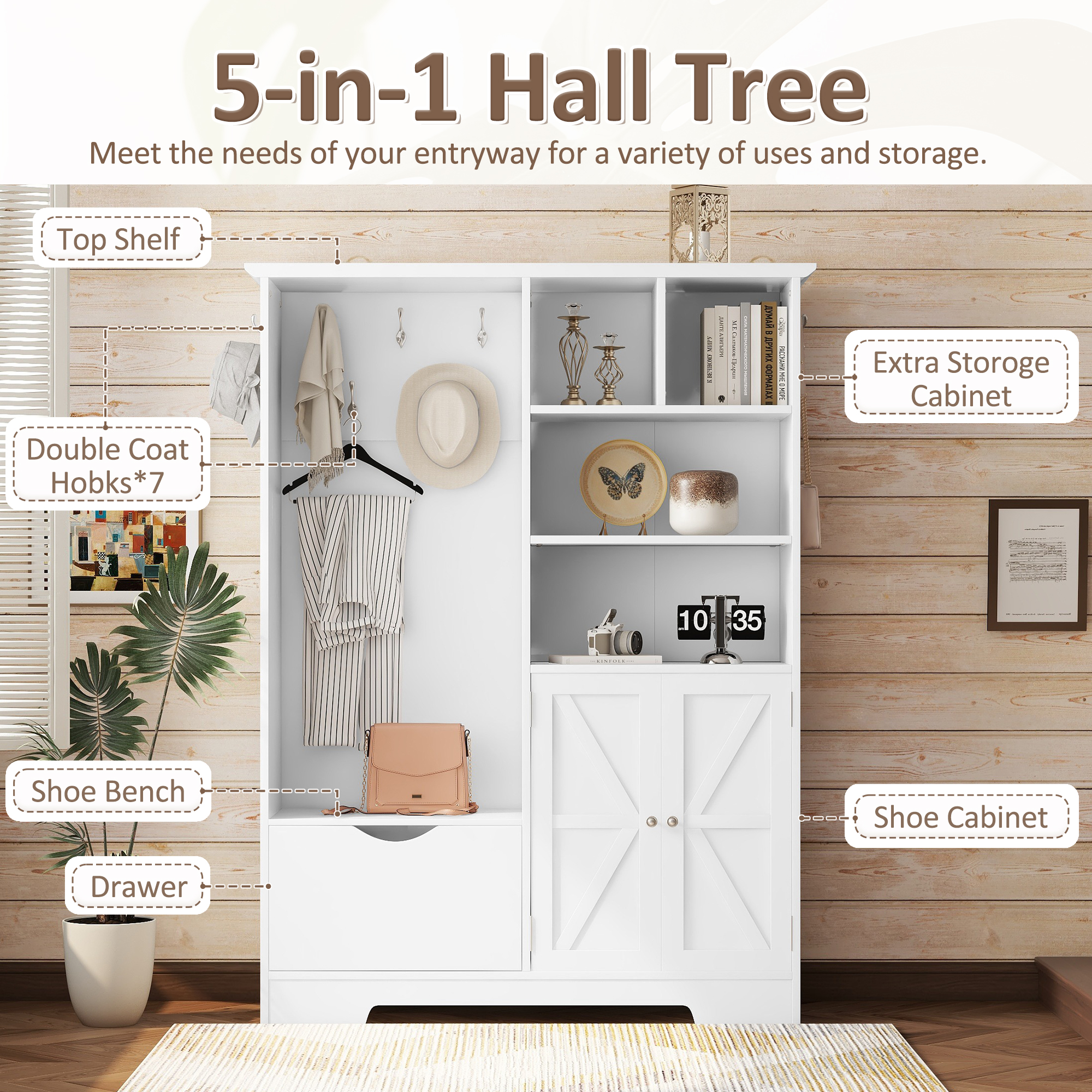 Multi-functional Hall Tree with Storage Shelves Drawers and Cabinet, Elegant Hallway Shoe Cabinet with Bench, Modern Coat Rack with Hooks for Hallway Entryways, White