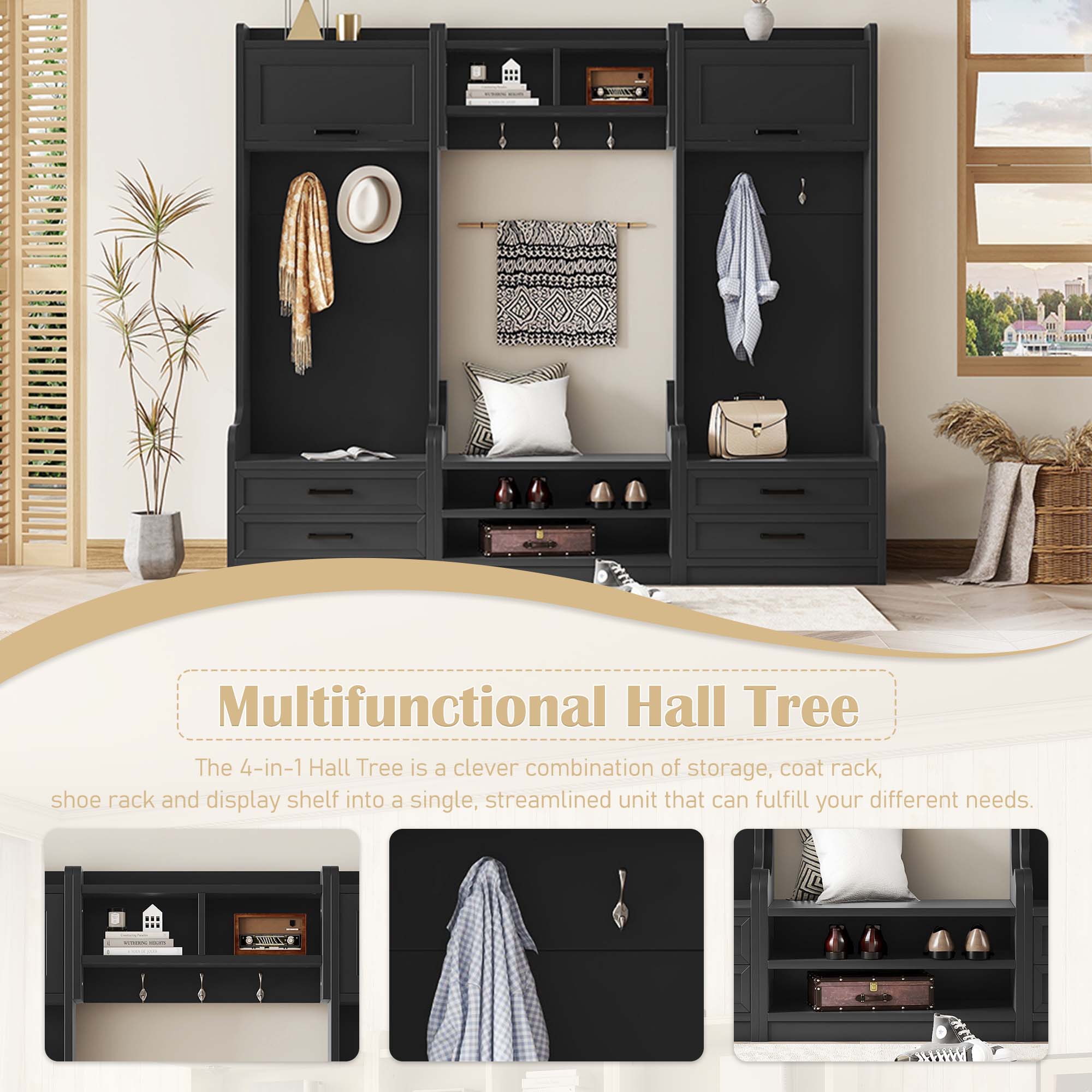 4-in-1 Detachable Hall Tree with Storage and 7 Hooks, Multiple Functions Hallway Coat Rack with Storage Drawers and Cabinet, Black Shoe Bench for Entryway Hallway