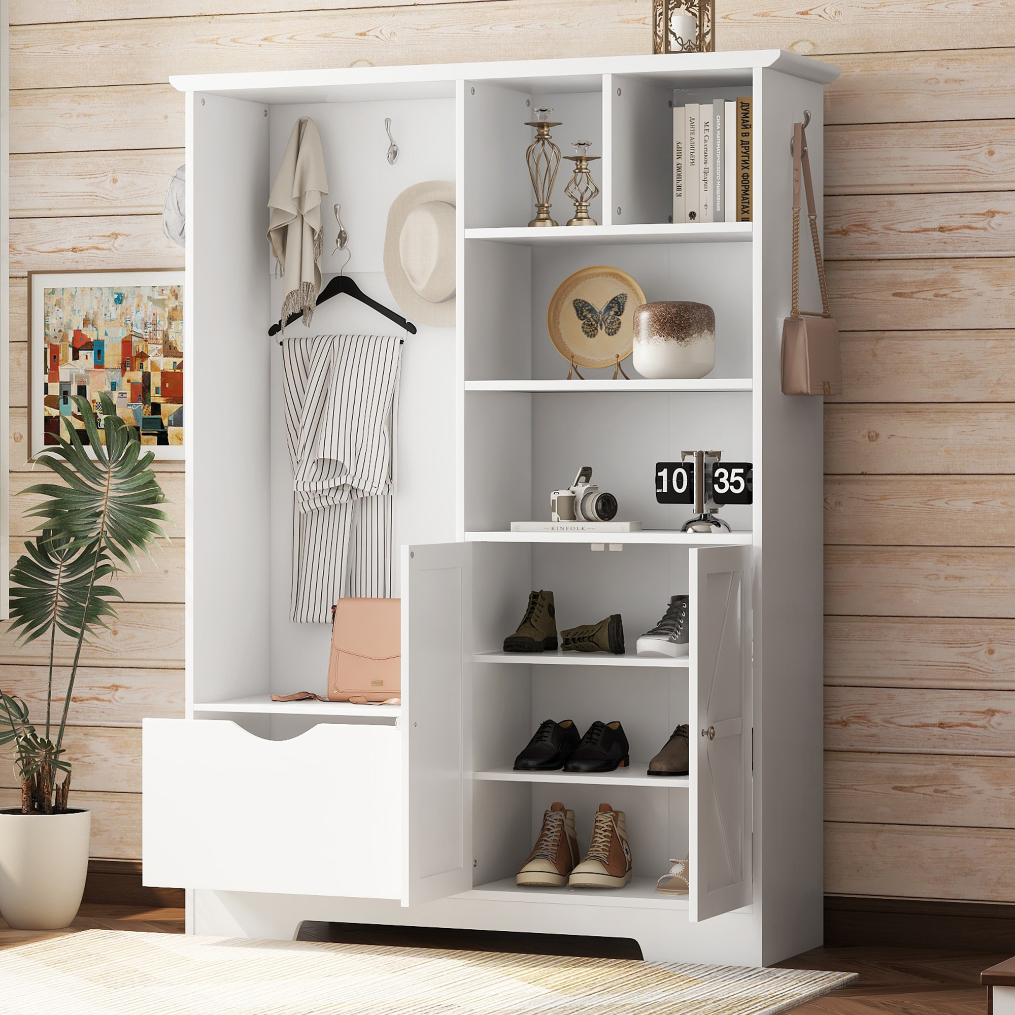 Multi-functional Hall Tree with Storage Shelves Drawers and Cabinet, Elegant Hallway Shoe Cabinet with Bench, Modern Coat Rack with Hooks for Hallway Entryways, White